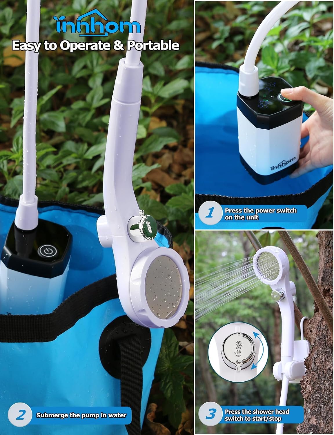innhom Portable Camping Shower, 6000mAh Rechargeable Camp Shower Pump with LED Display, IPX7 Waterproof & 2 Spray Modes Electric Outdoor Shower for Hiking, Pet Bathing, Car Washing - Image 7