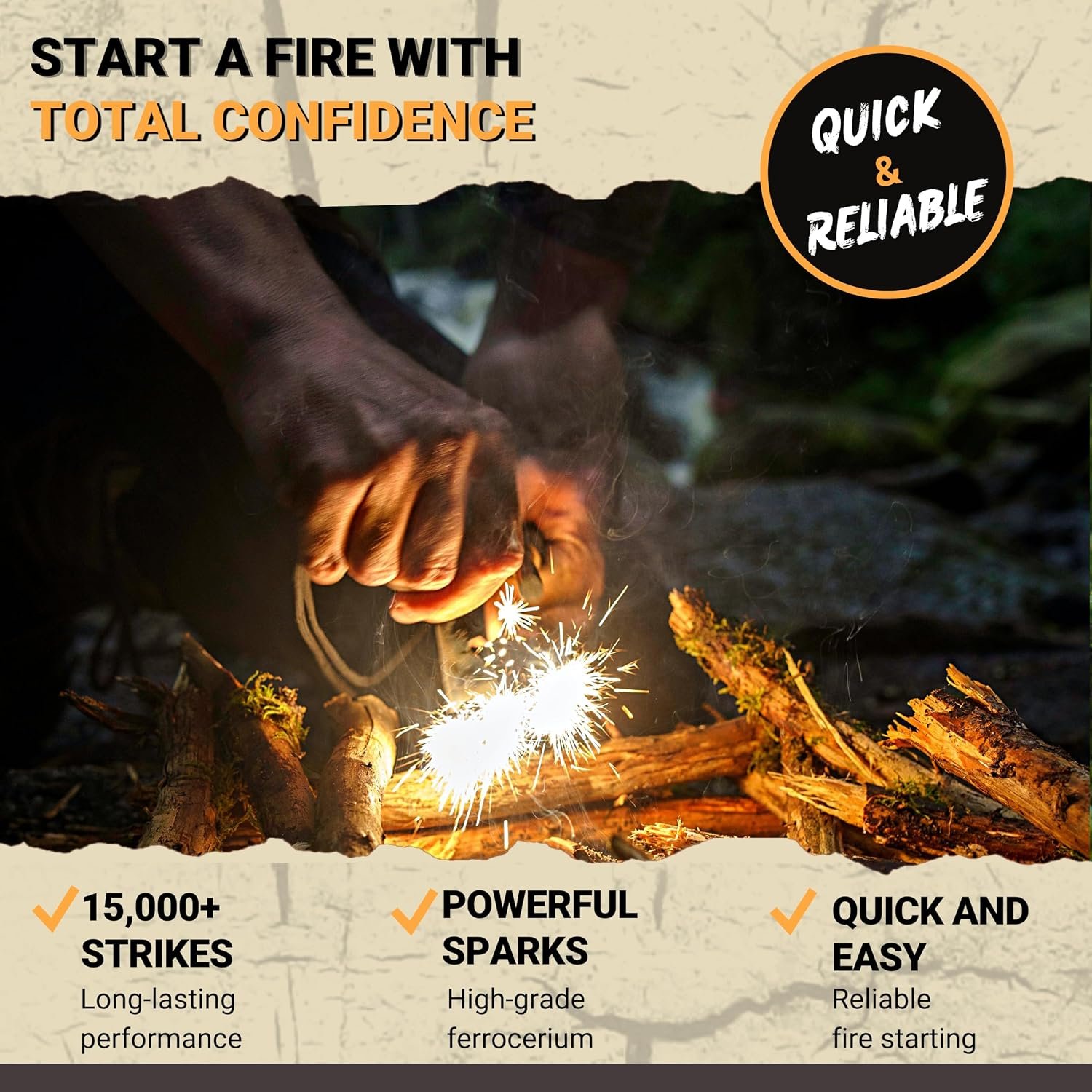 Ferro Rod Fire Starter Kit with Fatwood Tinder Stick - 3/8" Thick Ferrocerium Flint and Steel Fire Starter, Multi-Tool Striker & Pouch - Survival Fire Steel for Camping, Bushcraft & Emergency - Image 3