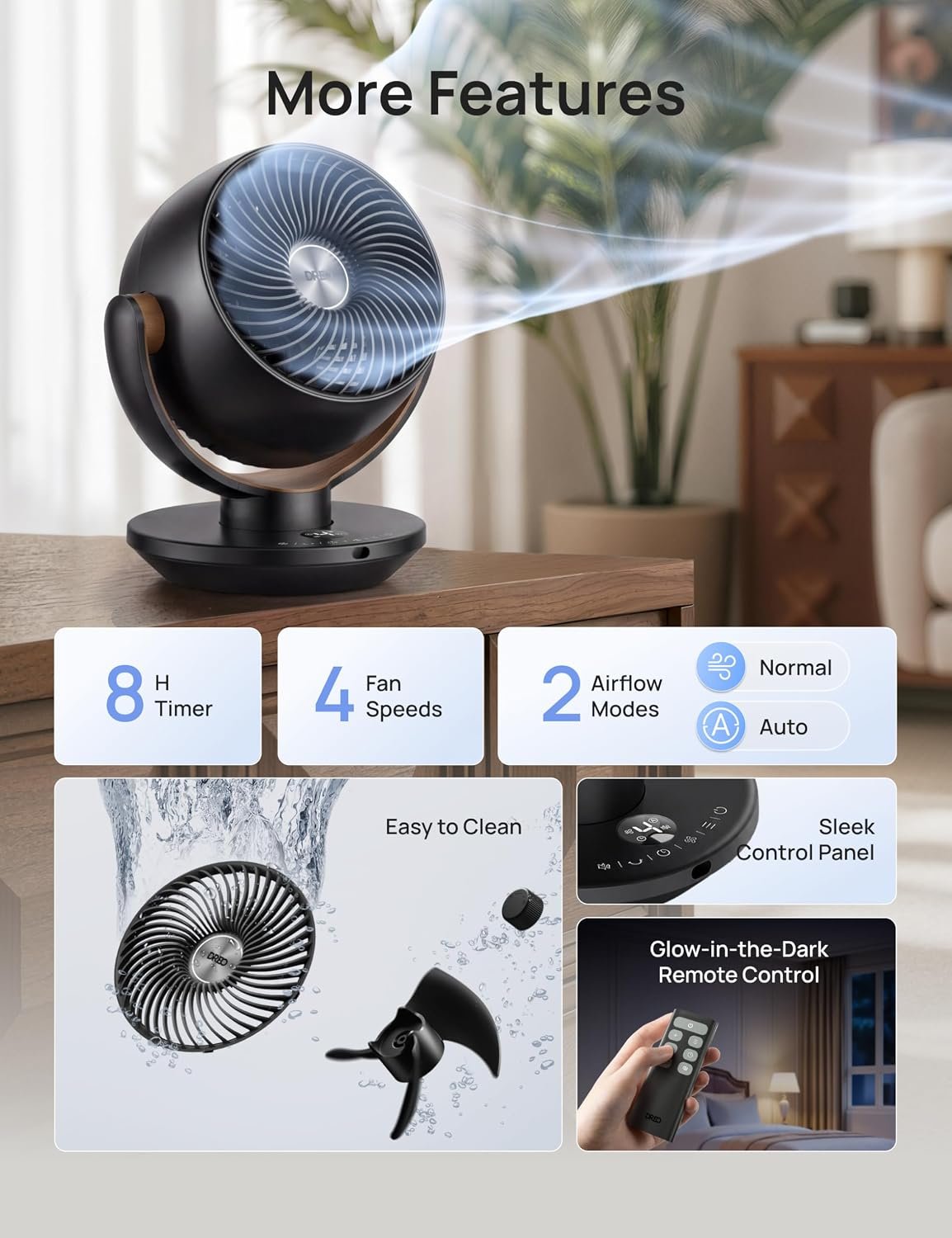 DREO Fan for Bedroom, Desk Air Circulator Fan with Remote, 11 Inch Table Fans for Whole Room, 65ft Powerful Airflow, 120° Vertical Manual +90° Oscillating, 4 Speeds, 8H Timer, 25dB Quiet Fan, Home - Image 7
