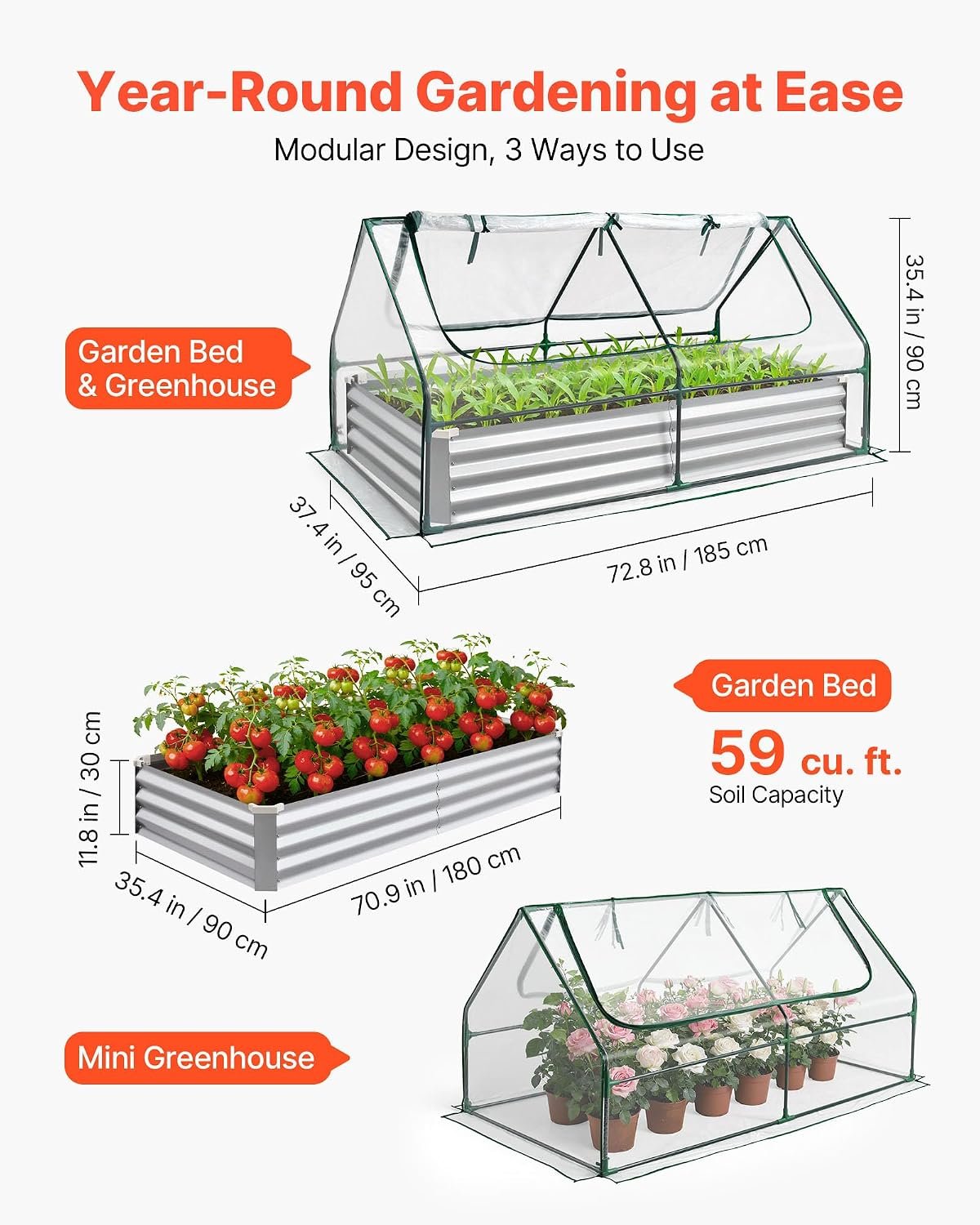 VEVOR 6x3x1FT Metal Raised Garden Bed with Greenhouse Cover, Outdoor Galvanized Planter Raised Beds for Gardening for Vegetables Flowers and Fruit - Image 2