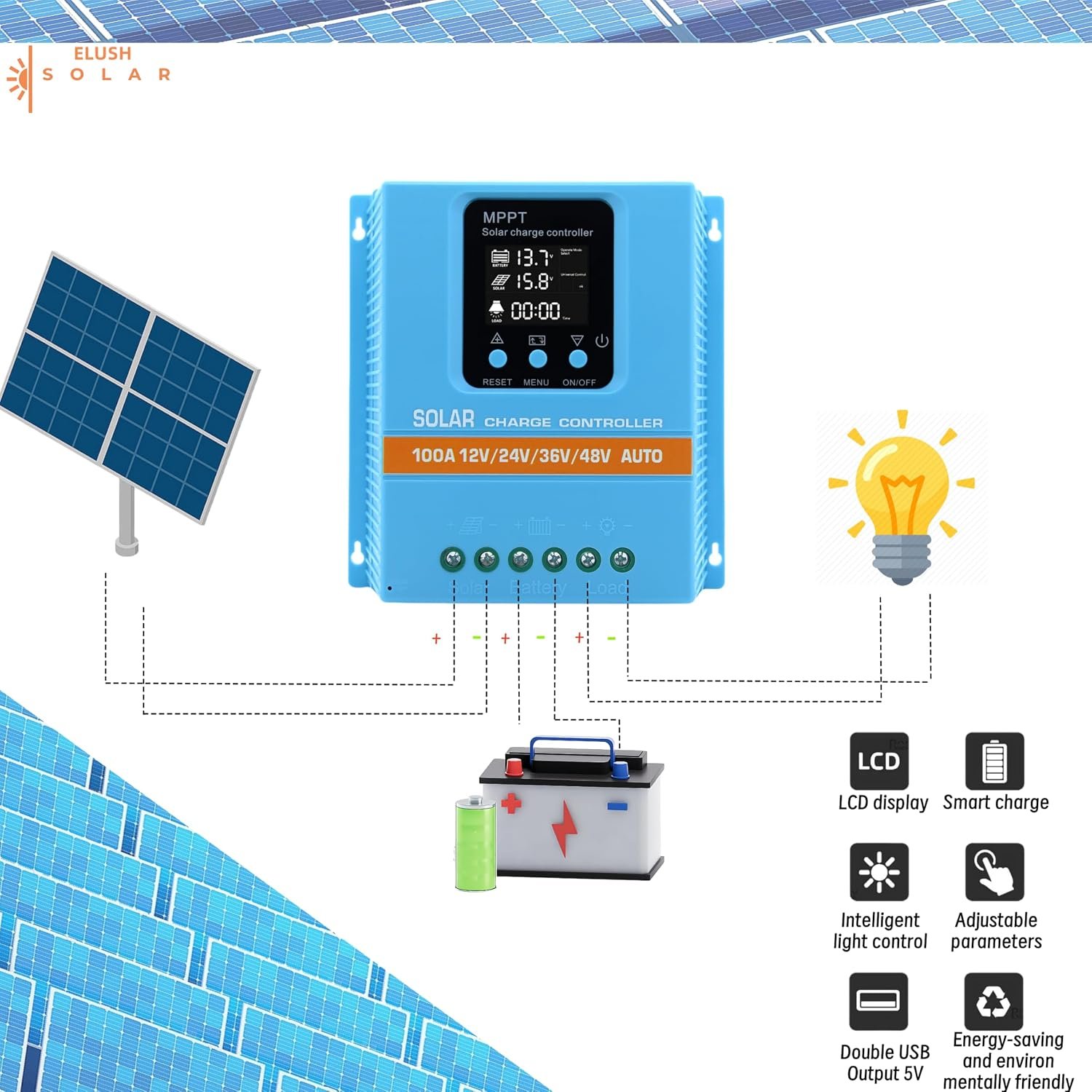 Upgraded 100A MPPT Solar Charge Controller 12V 24V 36V 48V LCD Display Battery Intelligent Regulator Max 100V Input Dual USB for Lead-Acid/Lithium - Image 6