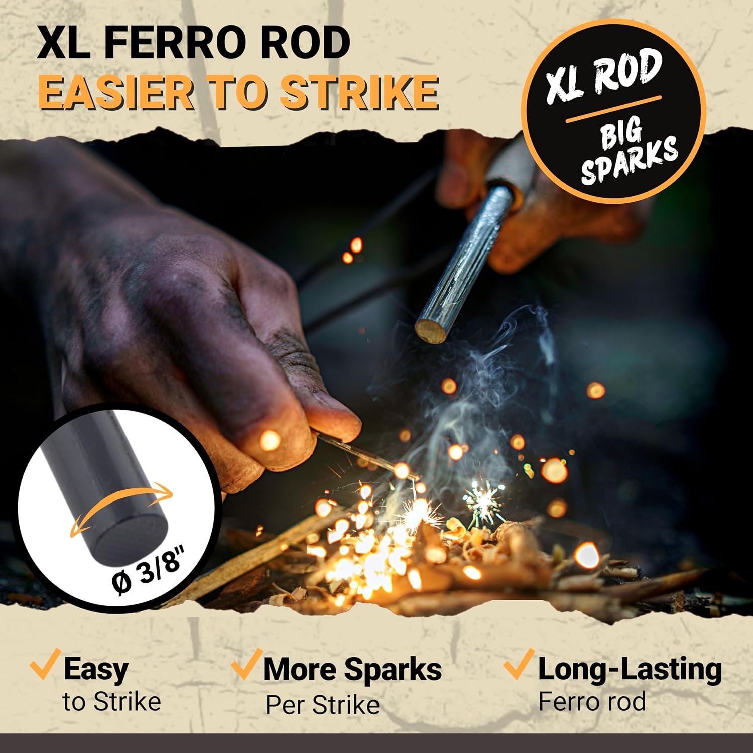 Ferro Rod Fire Starter Kit with Fatwood Tinder Stick - 3/8" Thick Ferrocerium Flint and Steel Fire Starter, Multi-Tool Striker & Pouch - Survival Fire Steel for Camping, Bushcraft & Emergency - Image 6