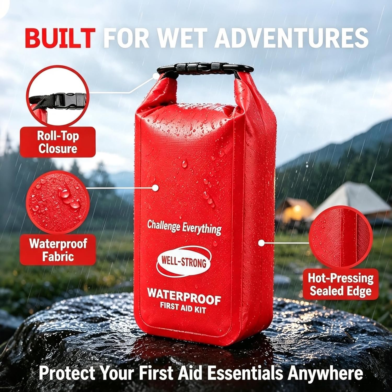 Waterproof First Aid Kit Roll Top Boat Emergency Kit with Waterproof Contents for Fishing Kayaking Boating Swimming Camping Rafting Beach Red - Image 3