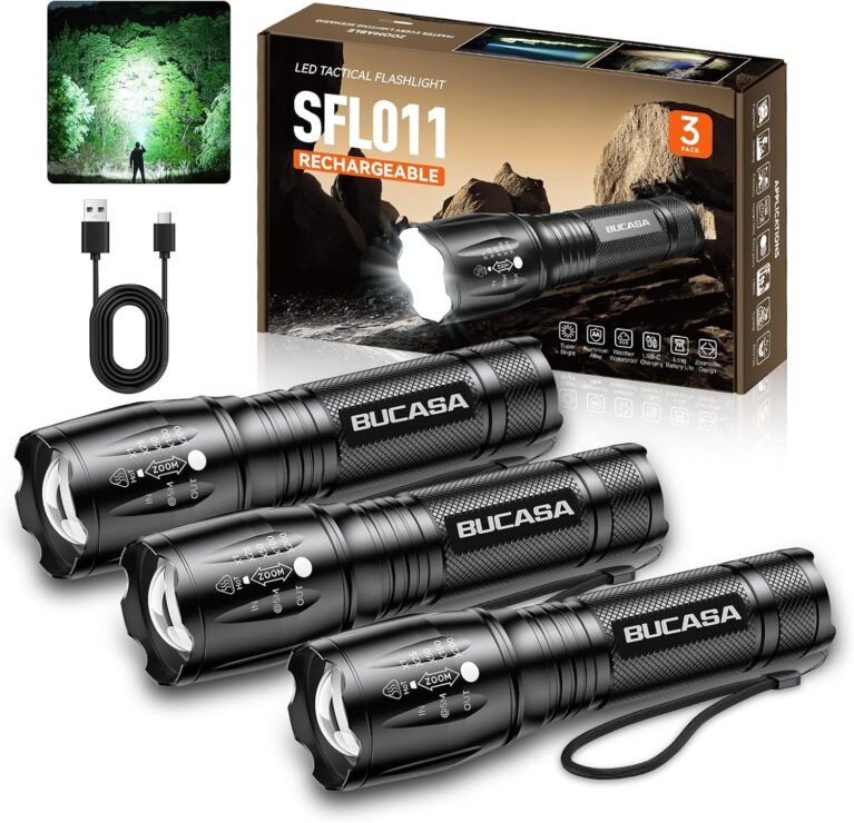 BUCASA Rechargeable Flashlights High Lumens 3 Pack, Brighter Small Flashlight Powerful Tactical Flashlights Rechargeable, Waterproof LED Flashlight with 3 Modes Zoomable for Camping Emergency