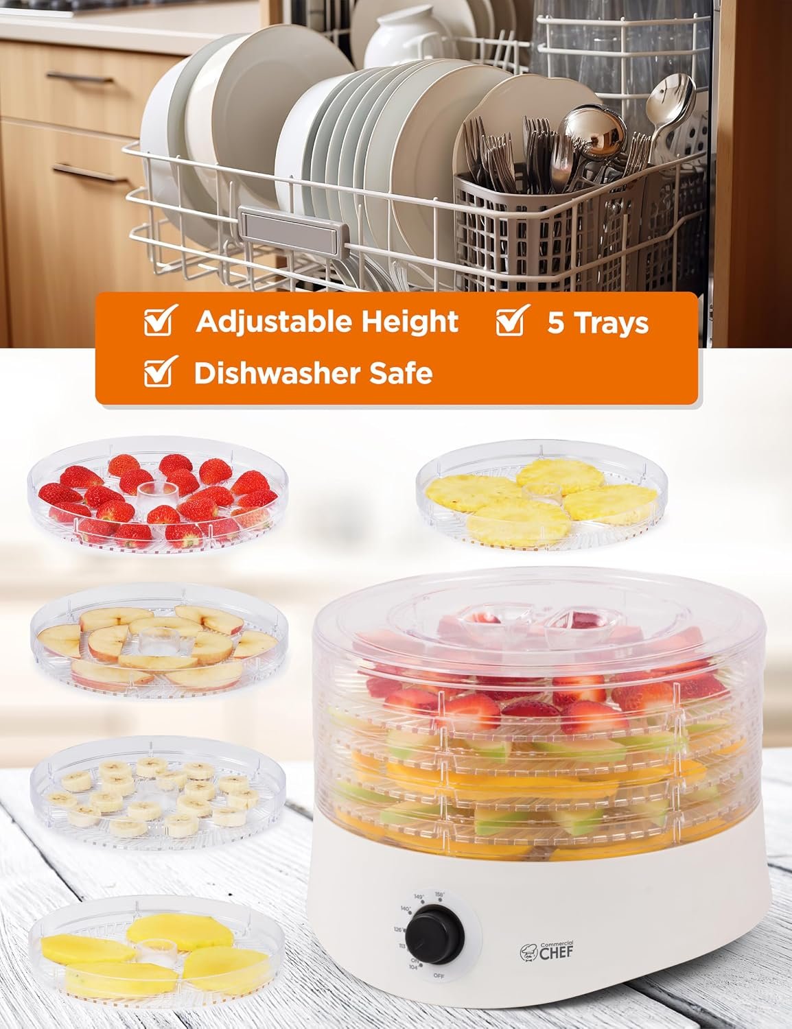 Commercial Chef Food Dehydrator, Five 9.25” BPA-Free Trays, CCD100W6, White - Image 4