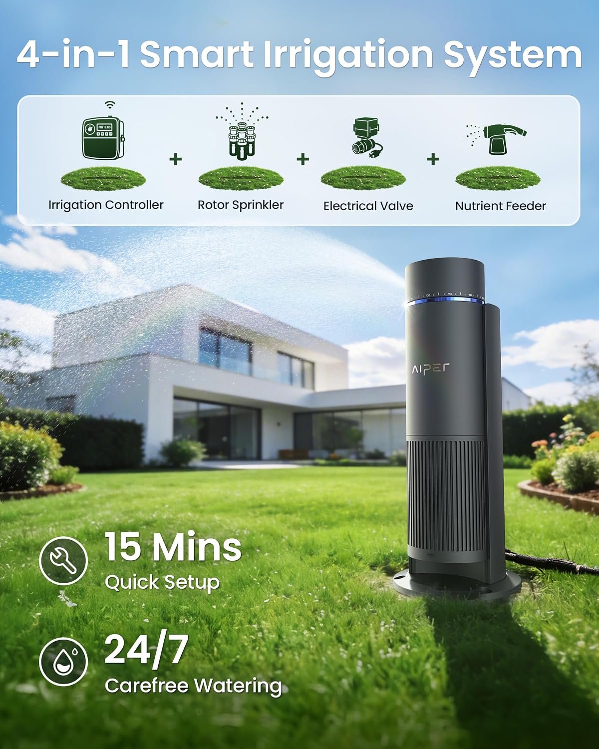 Aiper IrriSense 2 Lawn Sprinkler, Smart Irrigation System, Multi-Zone Plant-Specific Watering, Smart Scheduling, Weather-Adaptive Irrigation with Rain Sensor, for Lawns up to 4,800 sq.ft.-Rainbow - Image 2