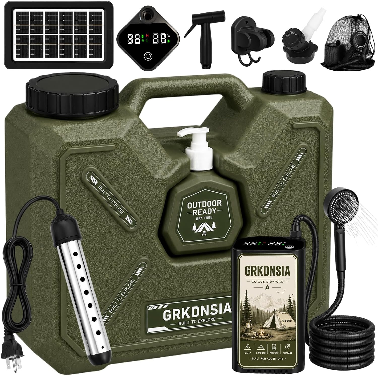 Camping Shower with Heater for USB Solar Charging Panel, Portable Shower Food-Grade Water Jug, 6000mAh Portable Shower Pump, 1500w Immersion Heater with Auto Shut-Off for Outdoor, Camping, Hiking
