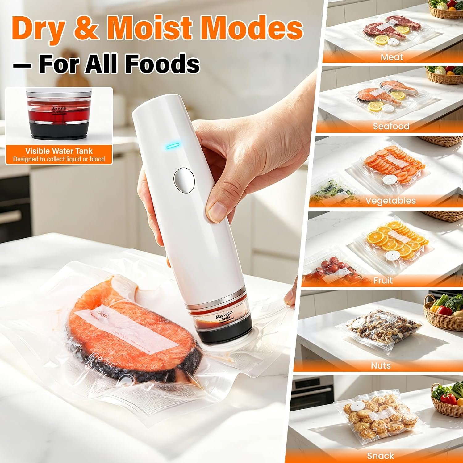 -80kPa Compact Vacuum Sealer for Food (Vacuum Sealer Machine + 30 Reusable Bags), Cordless Handheld Vacuum Sealer Machine Portable Mini Food Sealer for Sous Vide & Meal Prep-White - Image 6