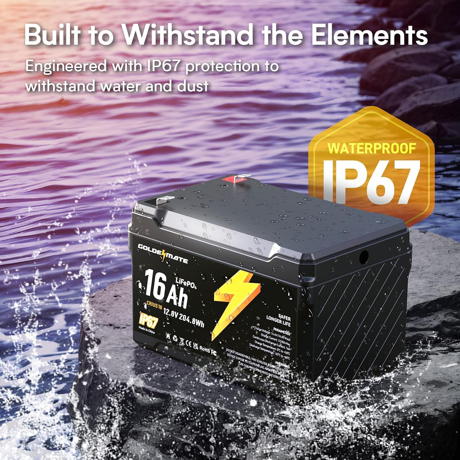 GOLDENMATE 12V 16Ah LiFePO4 Lithium Battery, IP67 Waterproof, Lightweight - Image 3