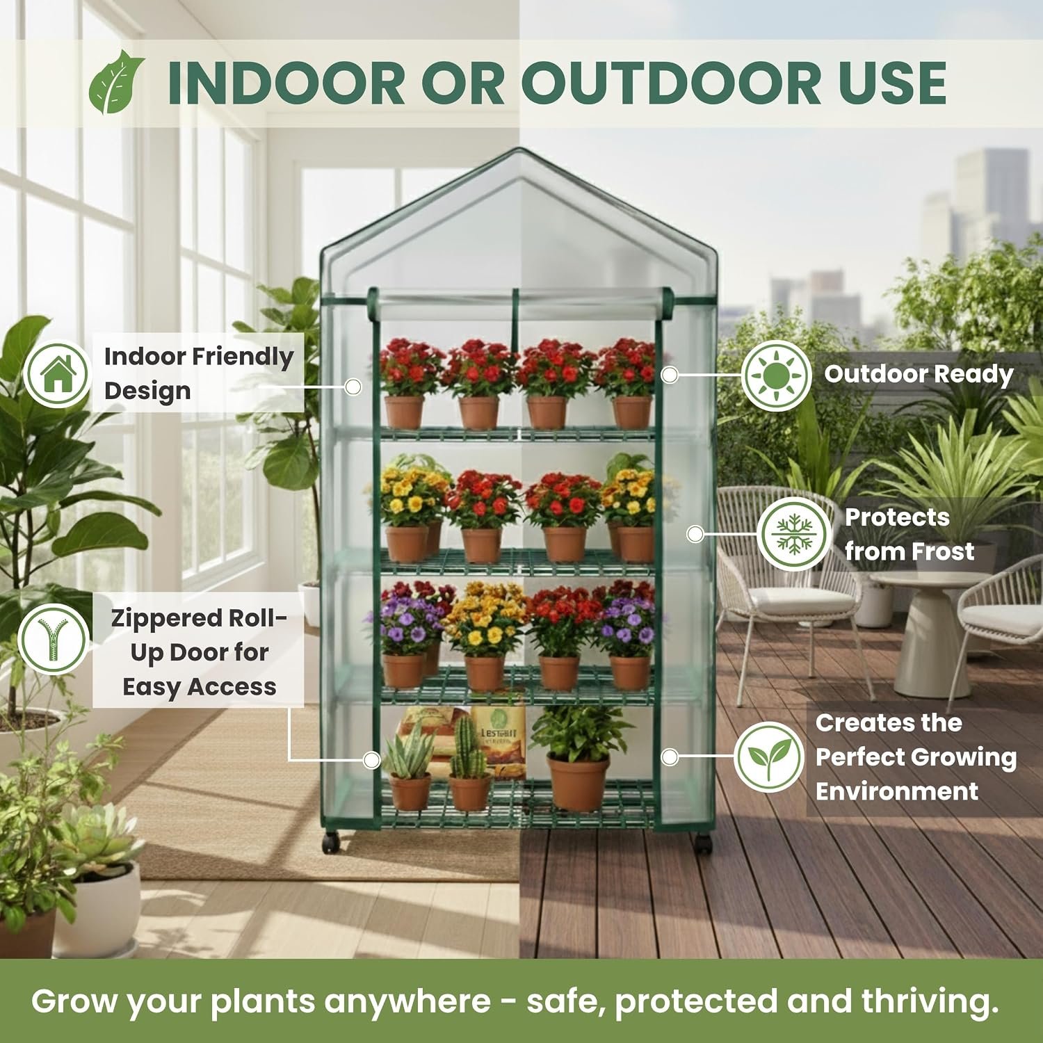 4 Tier Mini Greenhouse - Portable Greenhouse with Locking Wheels and PVC Cover for Indoor or Outdoor Green House by Pure Garden - Image 3