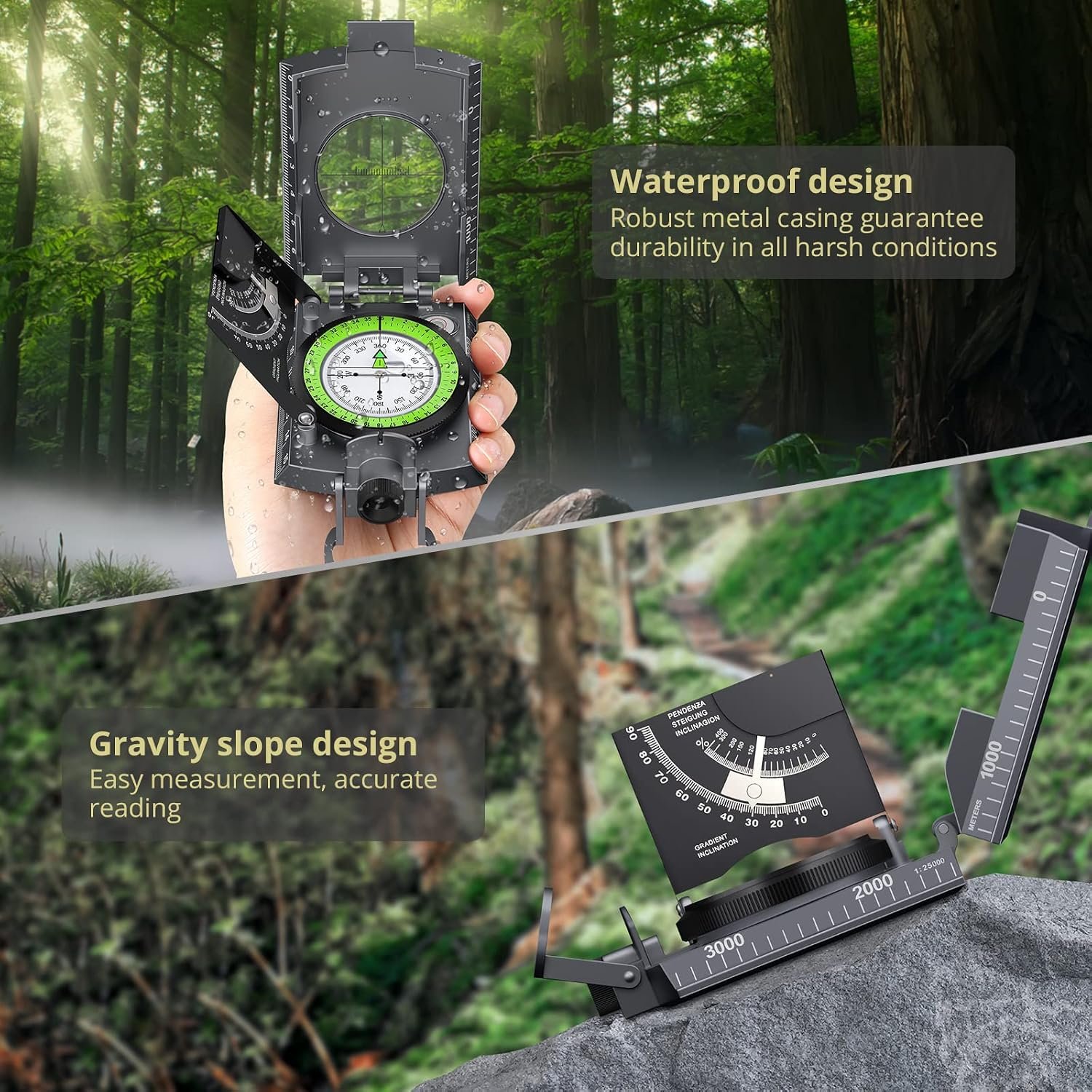 Anbte Hiking Compass, IP65 Waterproof Metal Compass for Camping Navigation