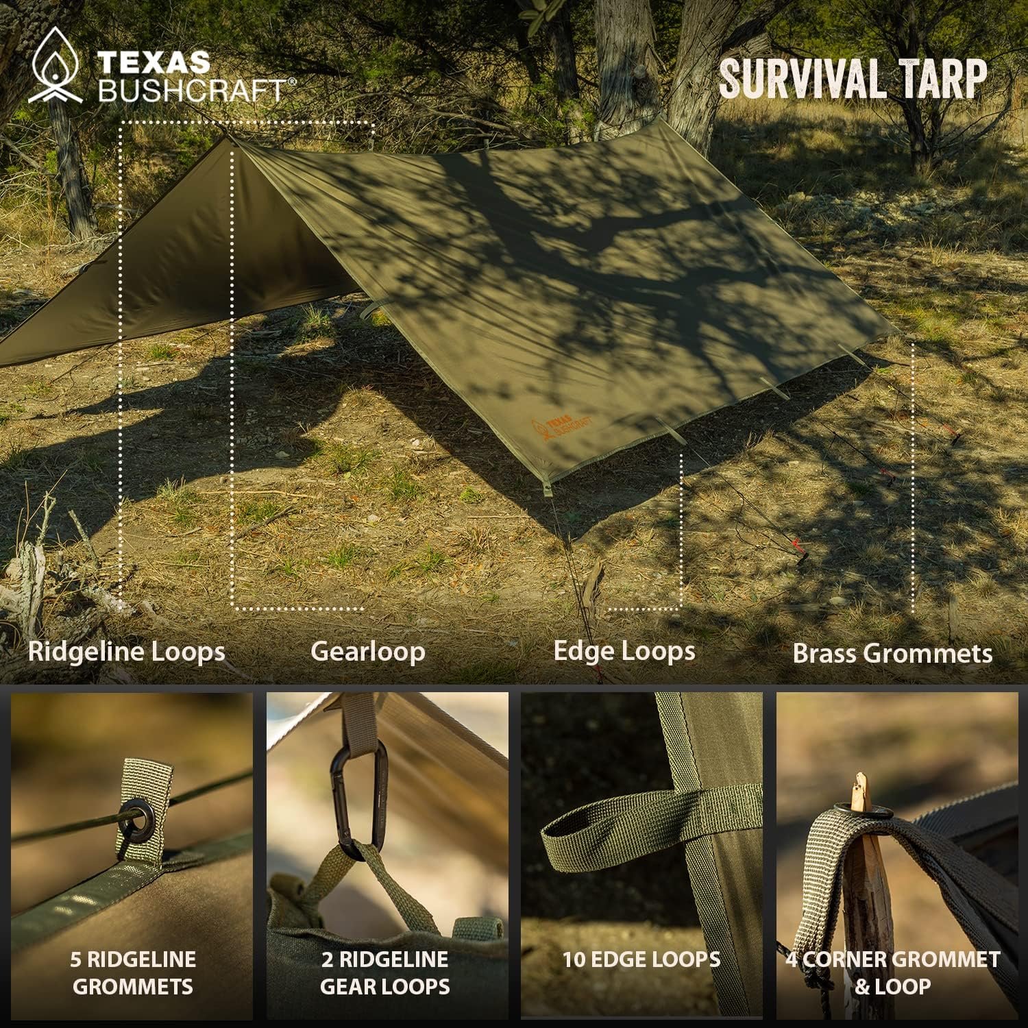 Texas Bushcraft Emergency Camping Tarp, Waterproof 10x10 Emergency Shelter for Backpacking and Hiking, 70D Ripstop Nylon Survival Tarp with Reflective Aluminized Polymer and Loop Ties with Grommets - Image 7
