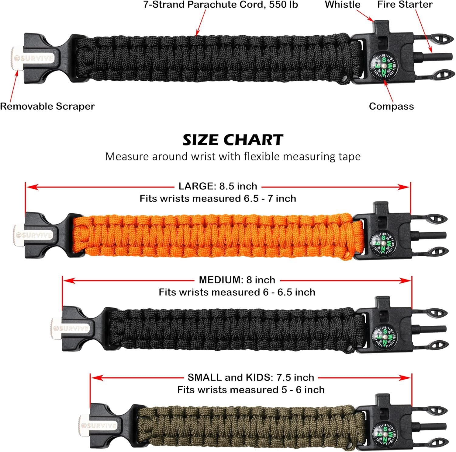 SURVIVE Paracord Bracelet, Pack of 2, Emergency Hiking Survival Kit Fire Starter Compass Whistle, 3 Wrist Sizes: Small Medium Large, 8.5-10 ft Continuous Strand Flint Steel Scraper 5 in 1 - Image 2