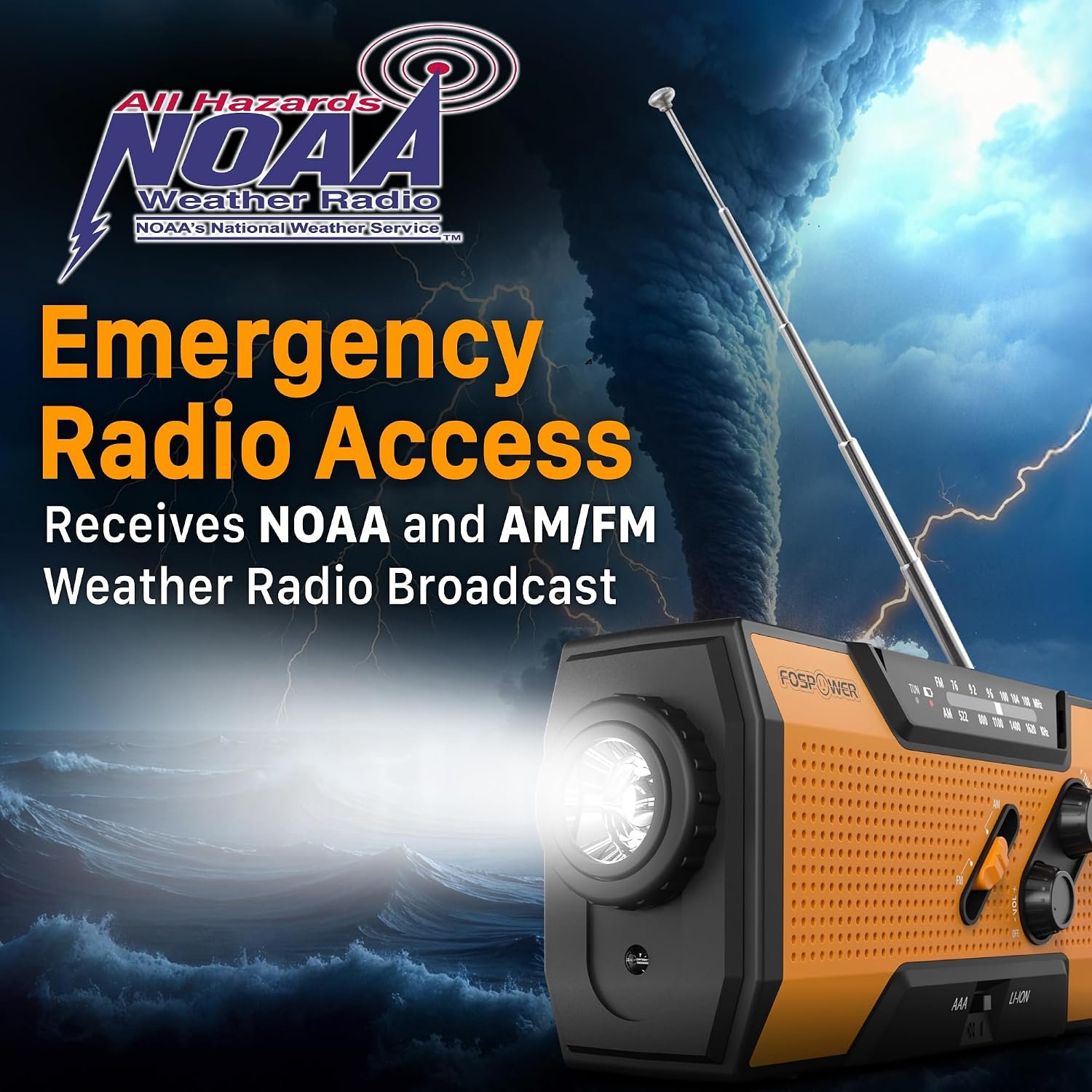 FosPower NOAA Emergency Weather Radio A1 7400mWh Solar Hand Crank (Orange) - Image 2