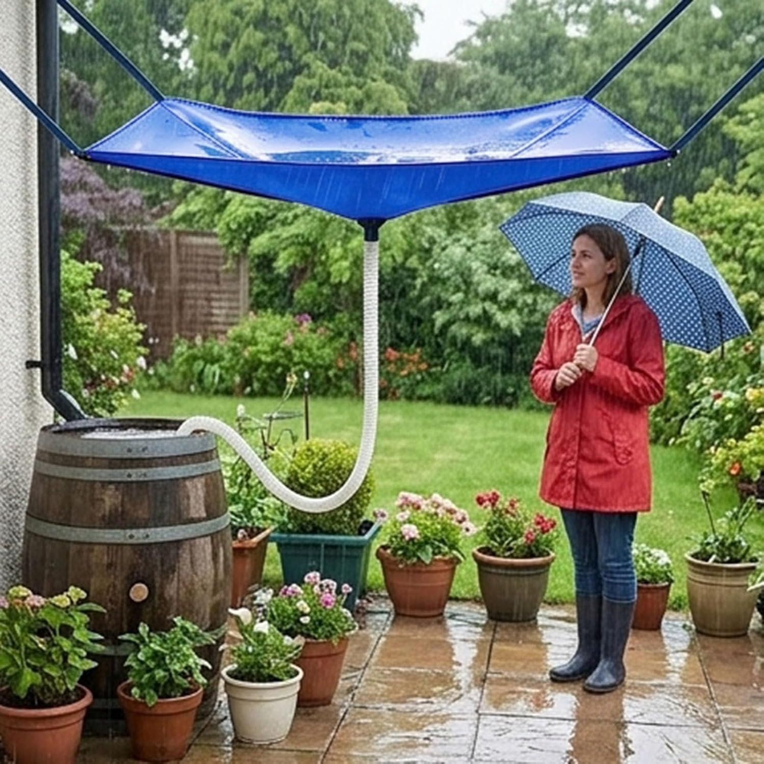 Rainwater Collection System with Hose Rain Catcher Reusable Roof Drain Fitting Tarp Water Diverter, for Lawn Outdoor Backyard Garden Balcony Camping Greenhouse (Blue) - Image 2