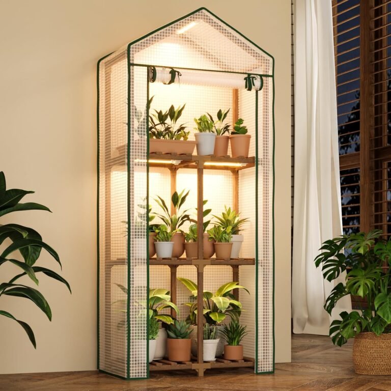 Bamworld Mini Greenhouse with Grow Light Plant Stand for Mutiple Pots Outdoor 3-Tier Portable Greenhouses with Durable PE Cover for Seedling Ideal Gardening Gifts for Women Men