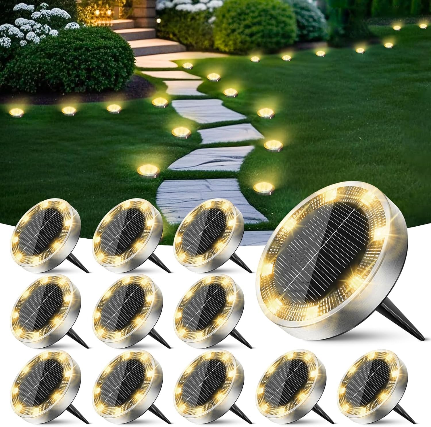 Peasur Solar Lights Outdoor Waterproof -12 Pack Solar Ground Lights Anti-Rust, Flat Solar Powered Disc Lights Landscape Lighting for Deck Step Patio Yard Pathway Walkway Driveway Garden, Warm White