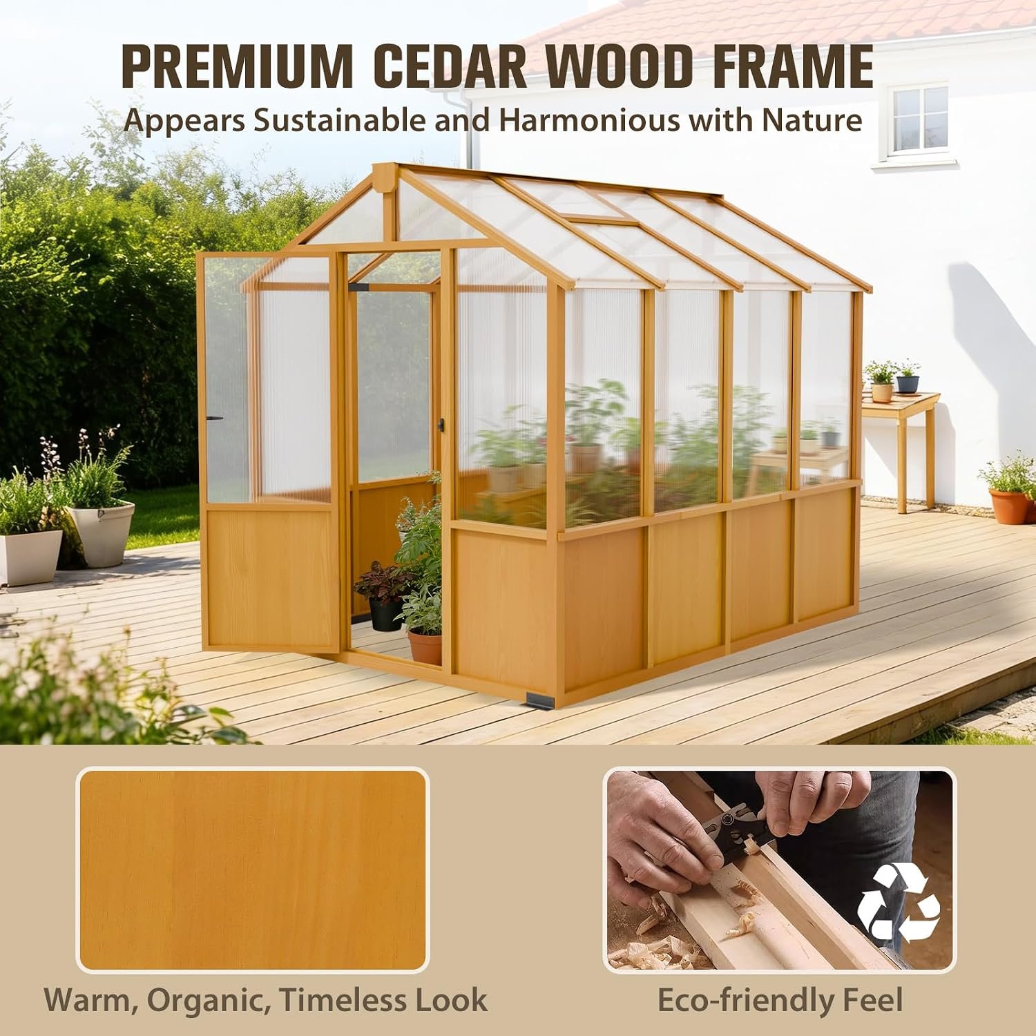 COOS BAY 6x8ft Cedar Wood Greenhouse with Roof Vents, Outdoor Greenhouse Kit, Weather Resistant Plant Garden House, Natural Cedar - Image 2