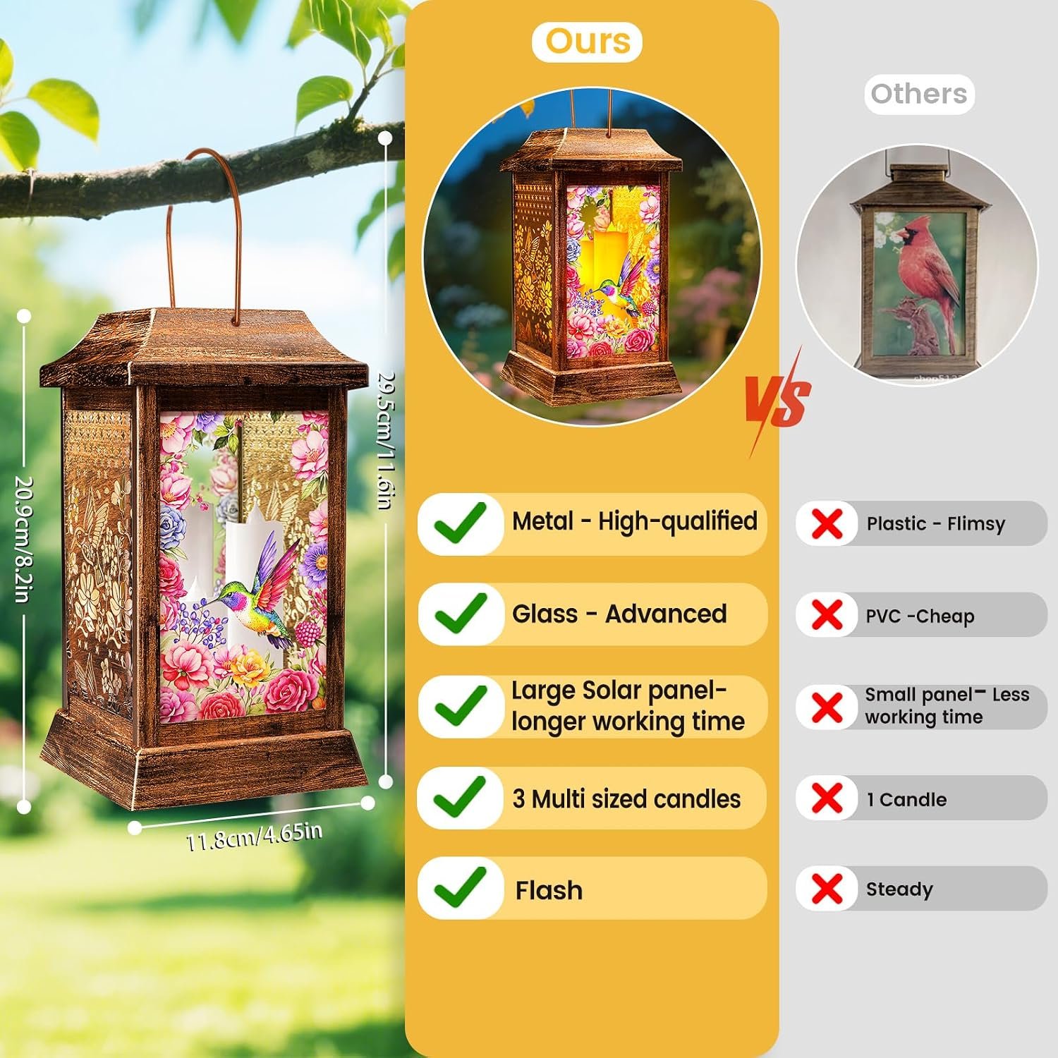 Hummingbird Solar Lanterns Outdoor Waterproof, Metal & Glass Hanging Lights Garden Decor, Birthday Gifts for Mothers Day Women Mom Christmas, Decorative Lights for Outside Yard Patio Backyard Porch - Image 3