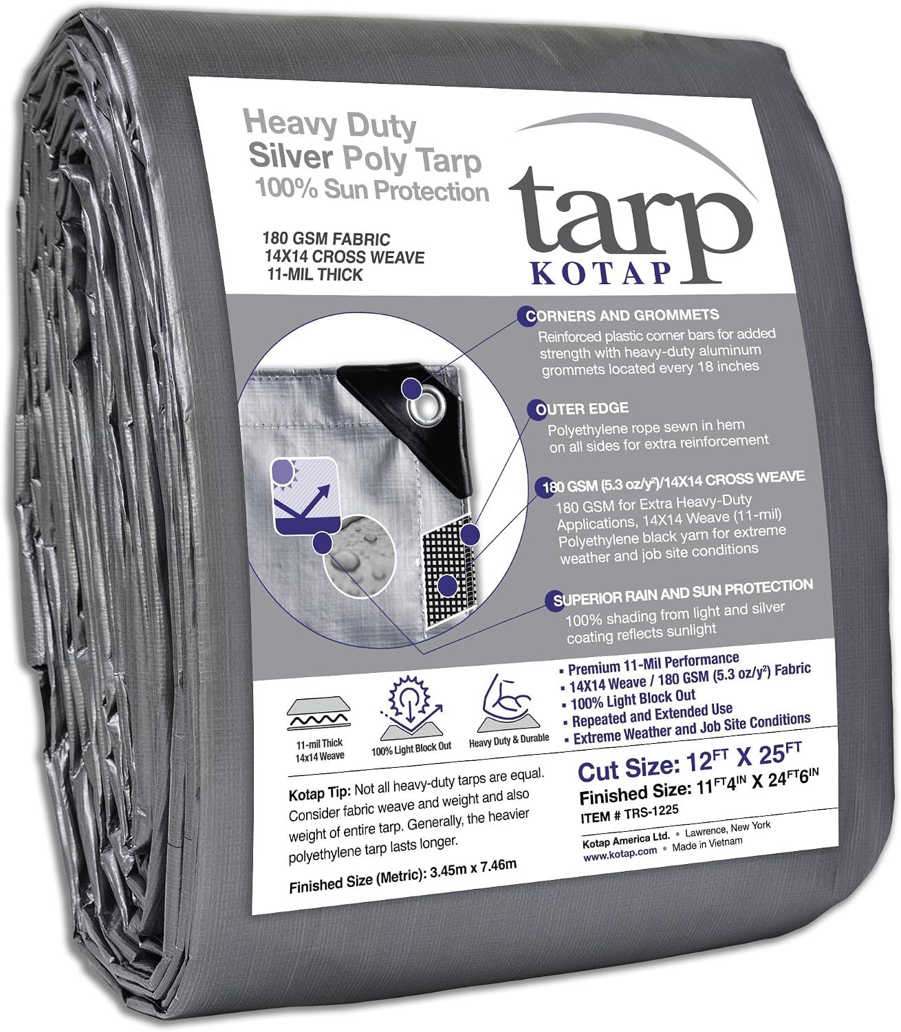 KOTAP 12x25 ft Heavy-Duty Silver Tarp, 11-mil, Waterproof, TRS-1225