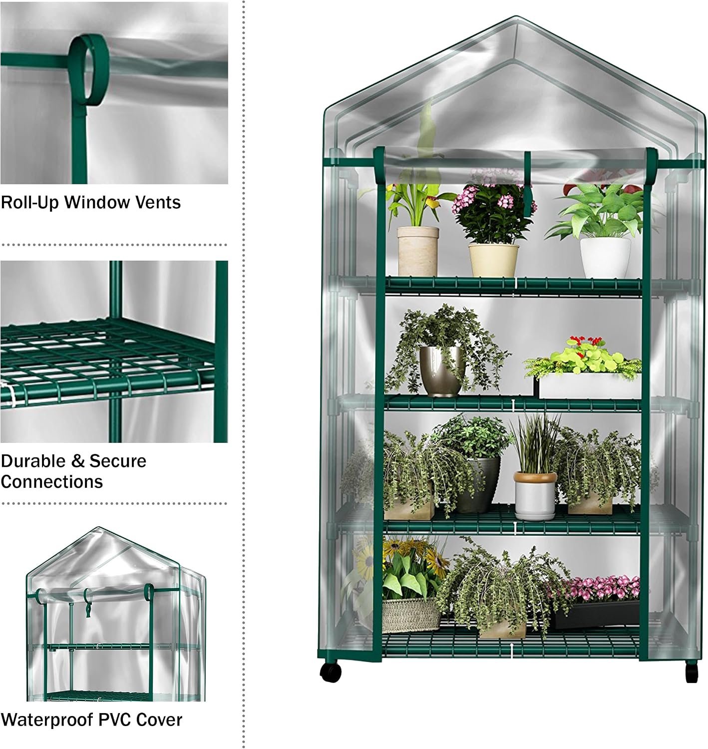 4 Tier Mini Greenhouse - Portable Greenhouse with Locking Wheels and PVC Cover for Indoor or Outdoor Green House by Pure Garden - Image 7