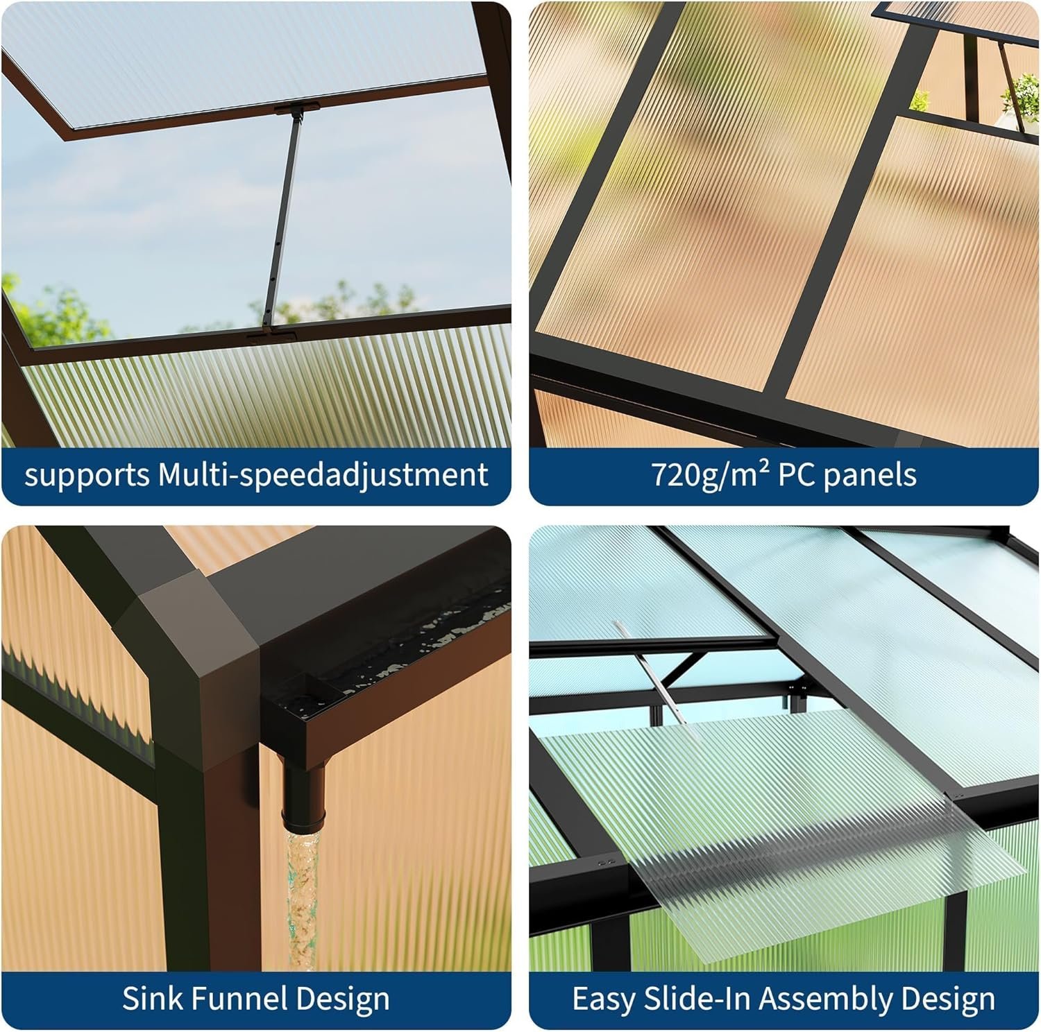 6x10 FT Greenhouse, Easy Assembly Aluminum Polycarbonate Greenhouses for Outdoors with Roof Vent, Large Aluminum Walk-in Greenhouse for Sunroom Patio, Backyard, Garden, Sliding Lockable Door, Black - Image 5