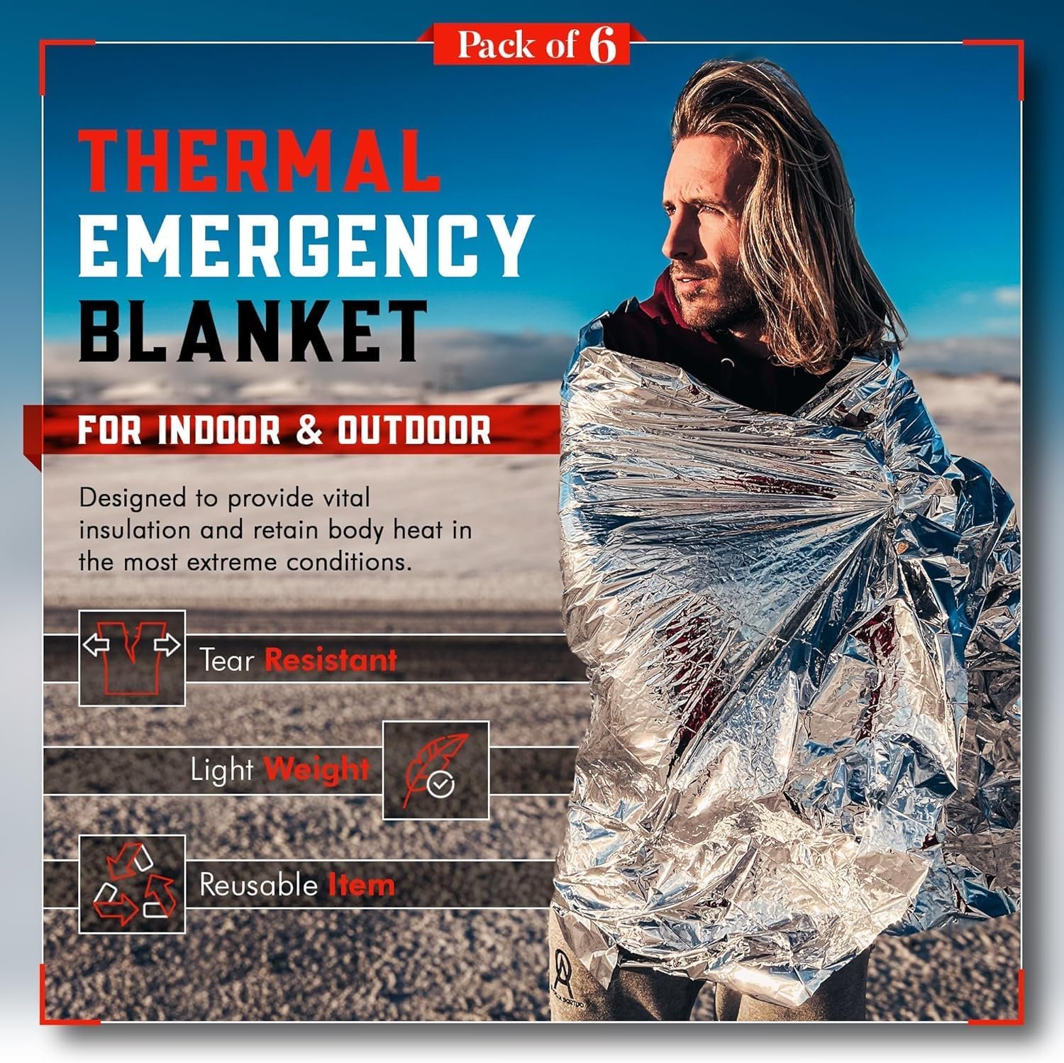 Emergency Blankets for Survival Gear and Equipment x6, Space Blanket, Mylar Blankets, Thermal Blanket, Survival Blanket, Survival Kits Emergency Kit, Emergency Supplies, Foil Blanket Camping Shelter - Image 2