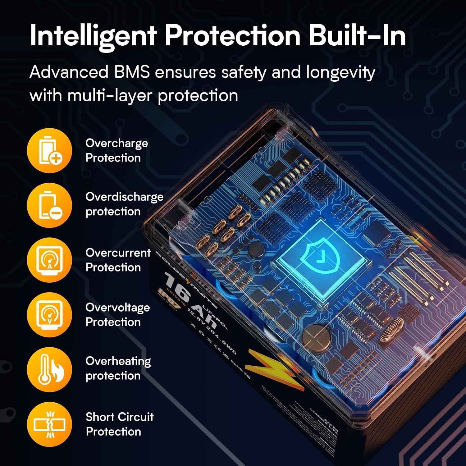 GOLDENMATE 12V 16Ah LiFePO4 Lithium Battery, IP67 Waterproof, Lightweight - Image 6