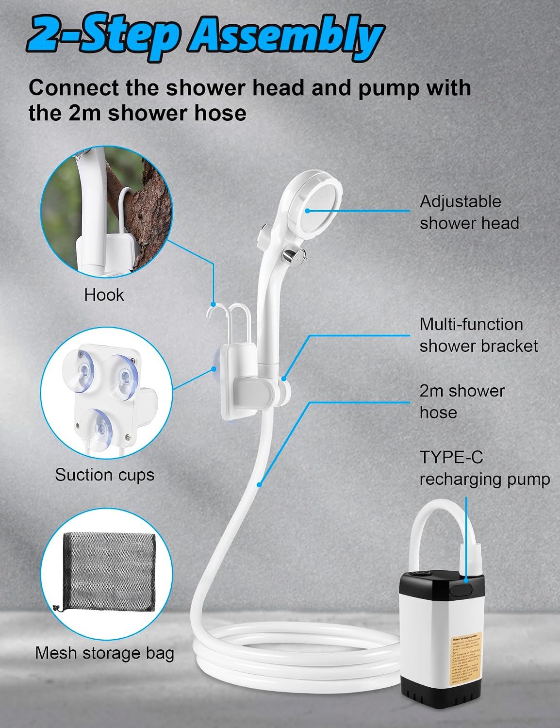 innhom Portable Camping Shower, 6000mAh Rechargeable Camp Shower Pump with LED Display, IPX7 Waterproof & 2 Spray Modes Electric Outdoor Shower for Hiking, Pet Bathing, Car Washing - Image 6