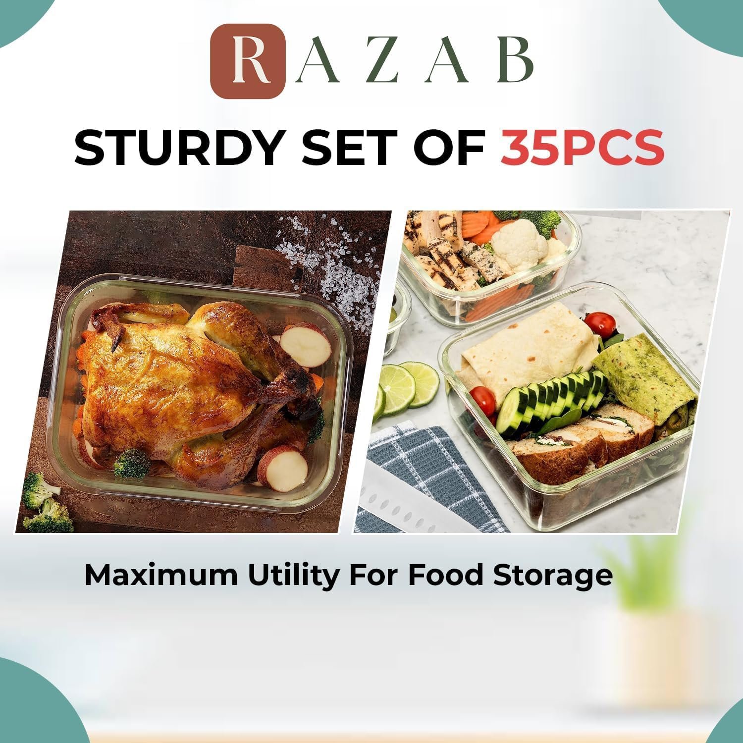 Razab 35 Pc Set Glass Food Storage Containers with Lids - Meal Prep Airtight Bento Boxes BPA-Free 100% Leak Proof (15 lids,15 glass & 5 Plastic Sauce/Dip Containers) - Image 4