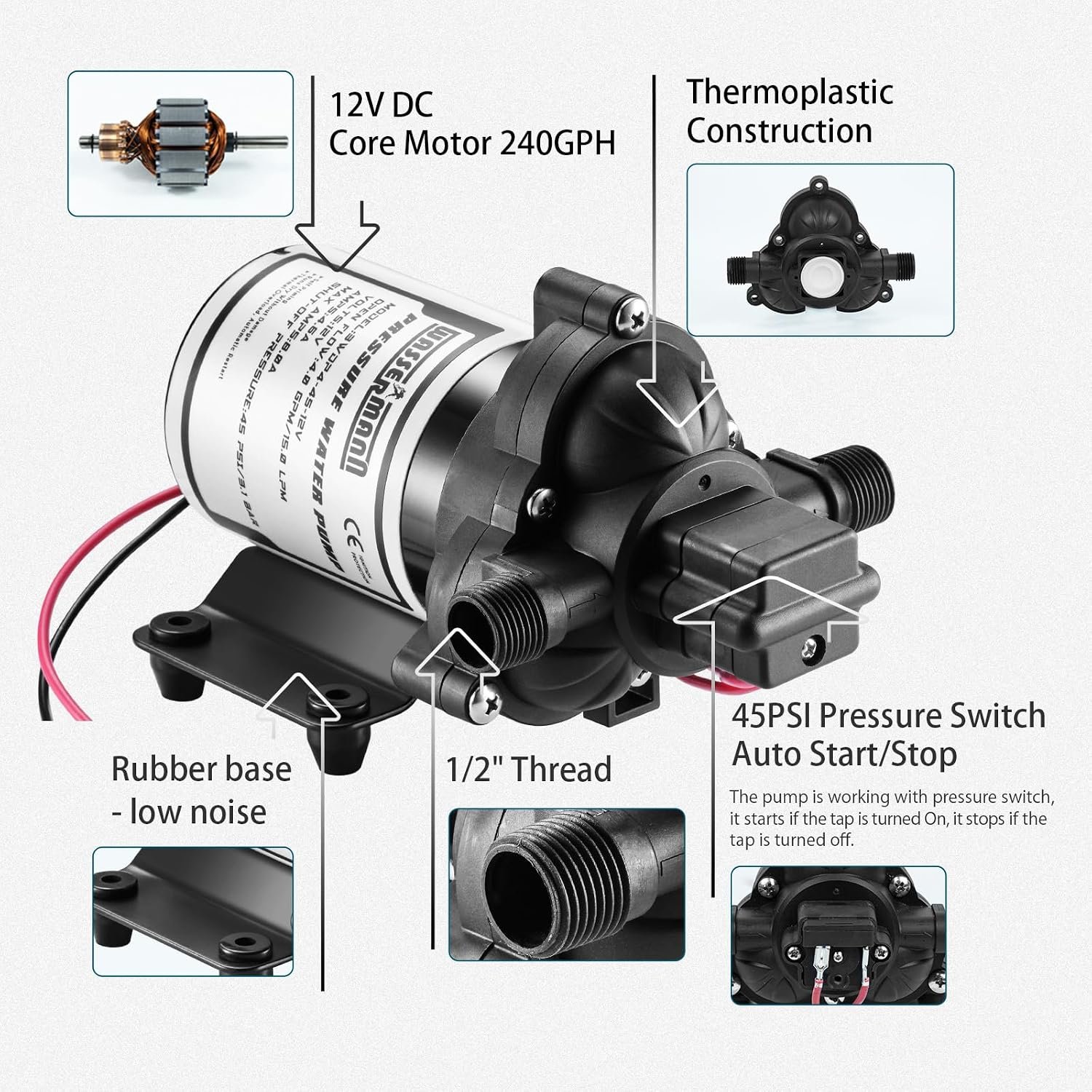WASSERMANN RV Pump, 12V Self-priming RV Water Pressure Pump 4.0GPM 45PSI with Pressure Switch, for RV Marine Camping Yacht Garden, 12Volt DC Fresh Water Pumps RV Water Pump 2088-554-144 Replacement - Image 4