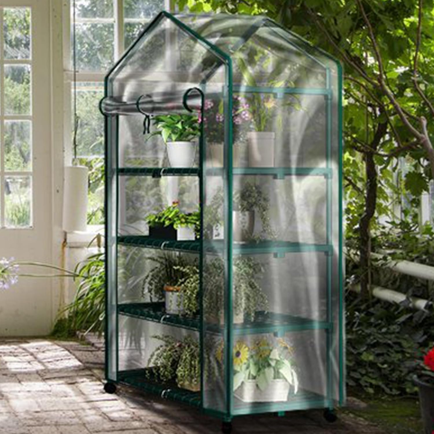 4 Tier Mini Greenhouse - Portable Greenhouse with Locking Wheels and PVC Cover for Indoor or Outdoor Green House by Pure Garden - Image 8