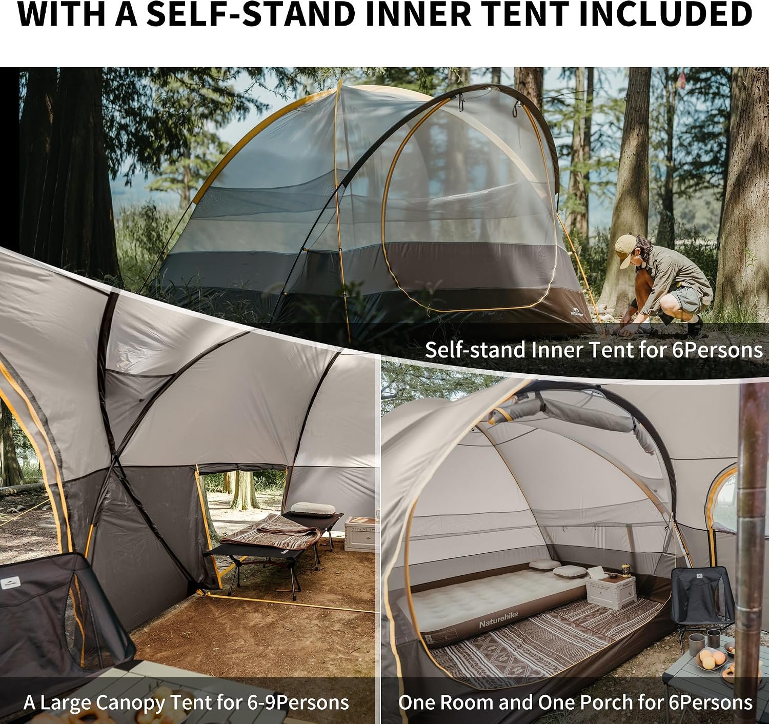 Naturehike KOTA 4/6/8 Person Camping Tent, Double Layer Waterproof 4 Person 6 Person 8 Person Tents for Camping, Large and Tall Family Tent with Vestibules Porch - Image 5