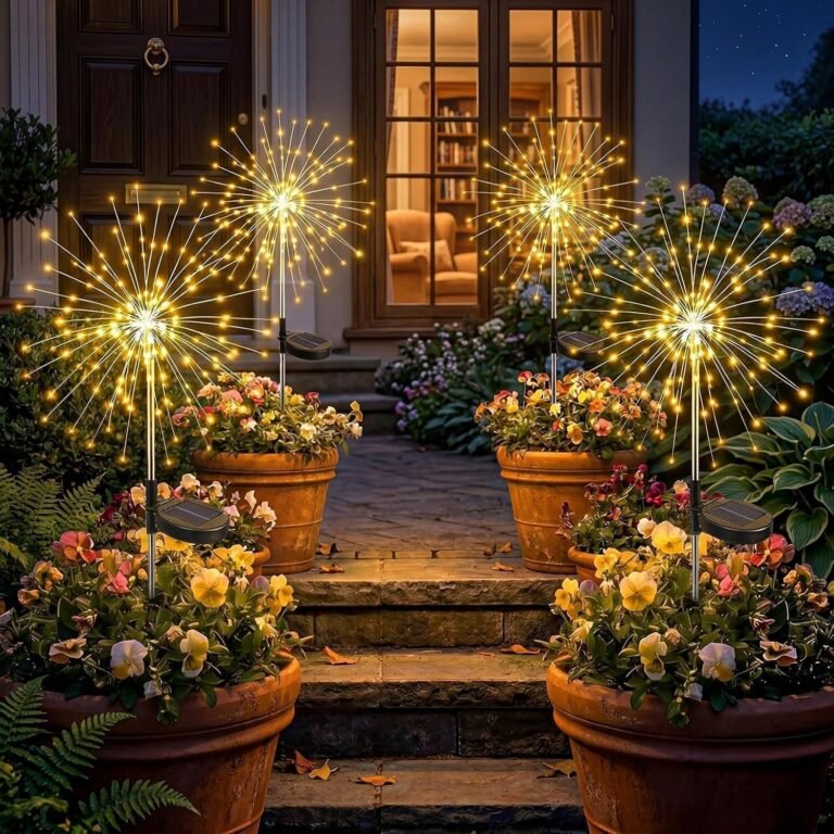Solar Garden Lights Outdoor 4 Pack, 120LED Solar Starburst Twinkle Firework Lights with 8 Modes,Waterproof Decorative Fairy Light for Yard, Garden, Halloween & Christmas Landscape Decor