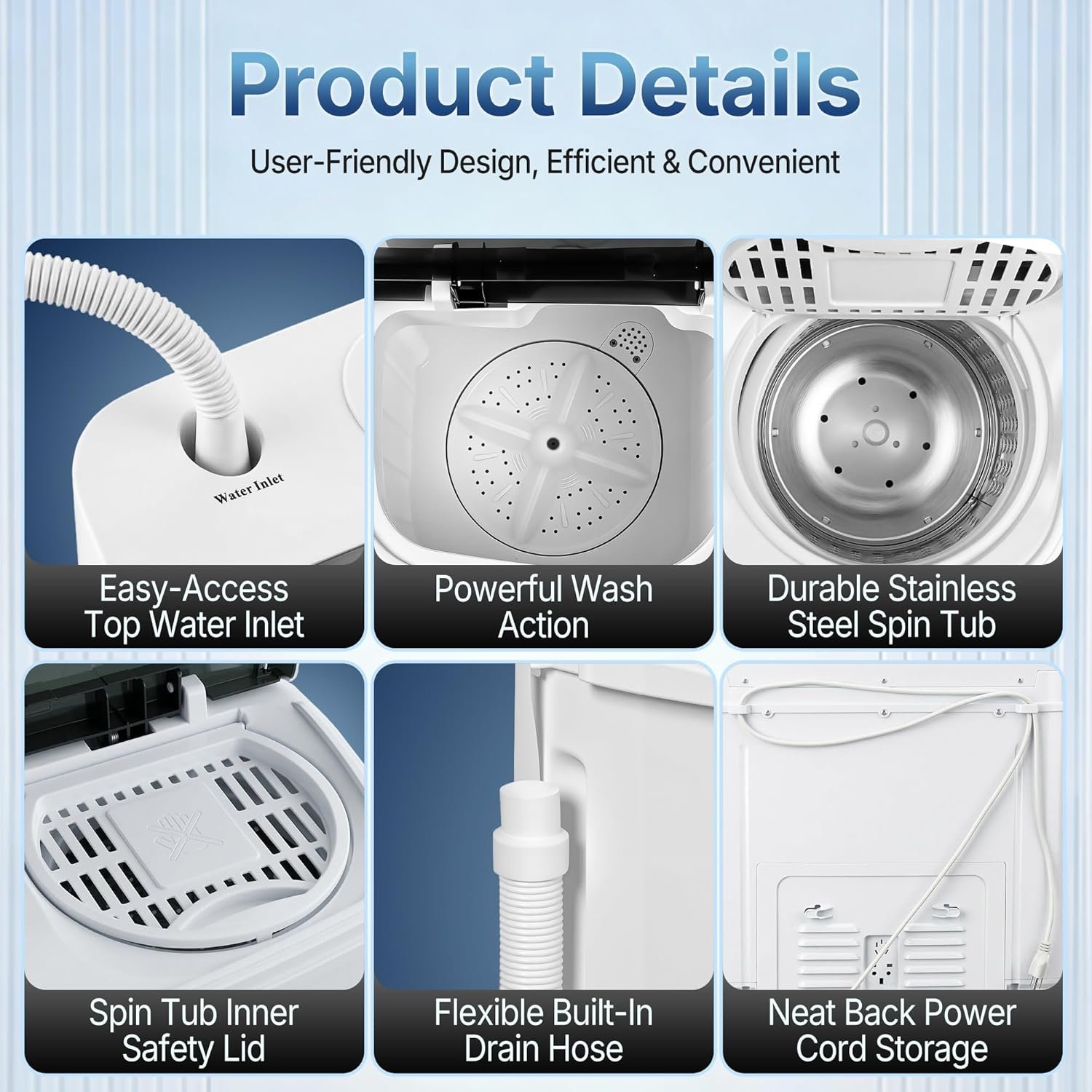 SUPER DEAL Compact Mini Twin Tub Washing Machine 13lbs Capacity Portable Washer Wash and Spin Cycle Combo, Built-in Gravity Drain for Camping, Apartments, Dorms, College, RV’s and Small Spaces - Image 7