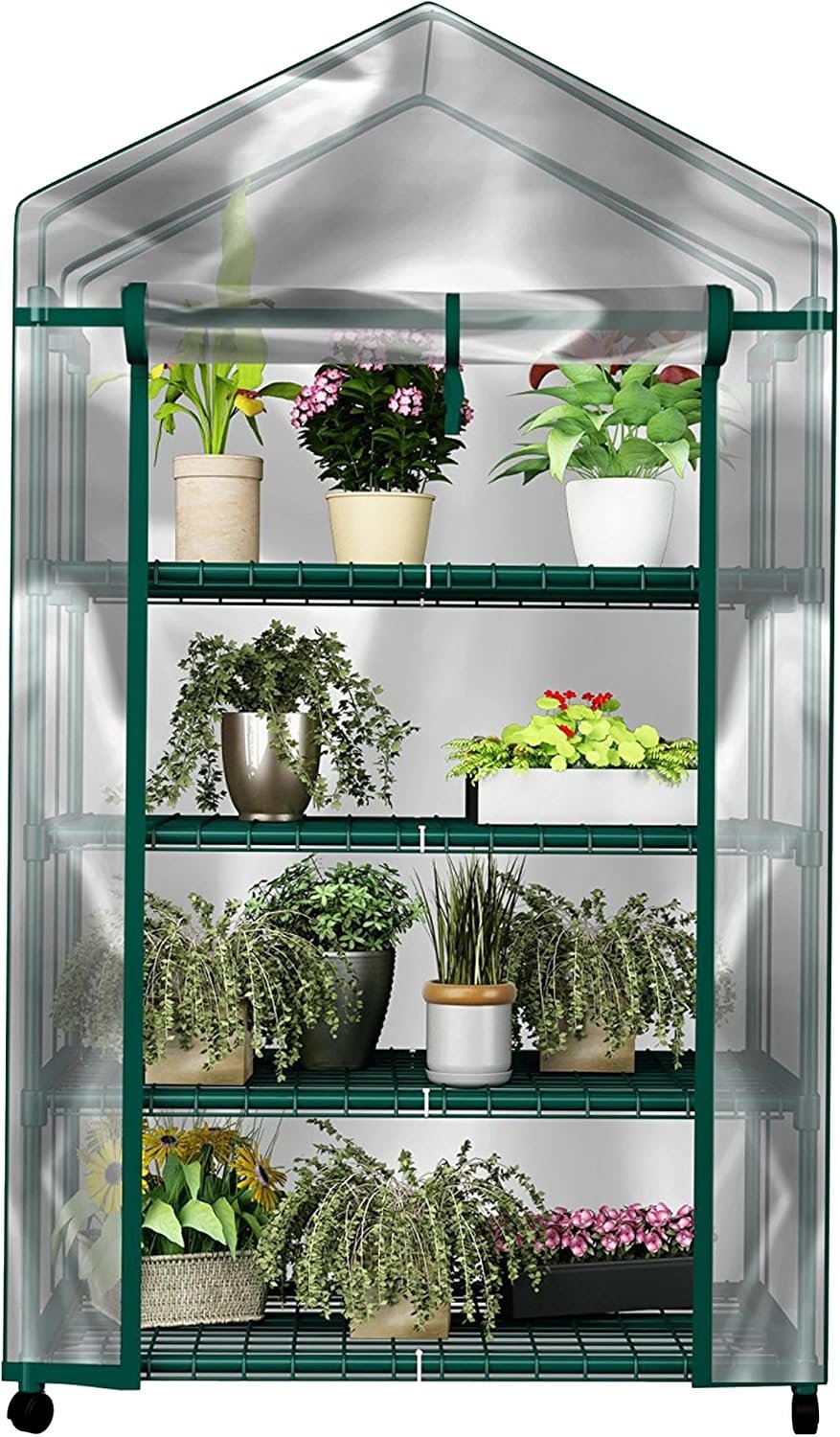 4 Tier Mini Greenhouse - Portable Greenhouse with Locking Wheels and PVC Cover for Indoor or Outdoor Green House by Pure Garden