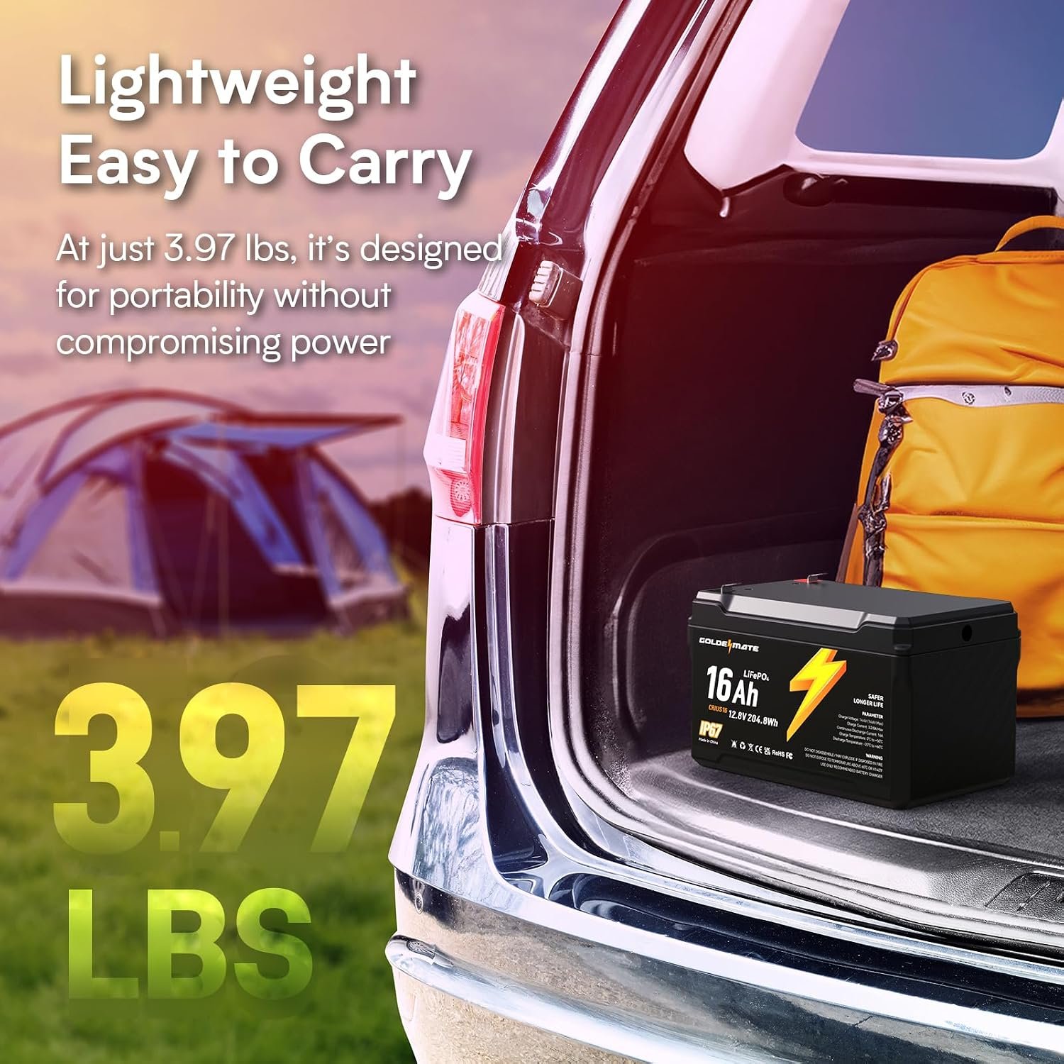 GOLDENMATE 12V 16Ah LiFePO4 Lithium Battery, IP67 Waterproof, Lightweight - Image 4