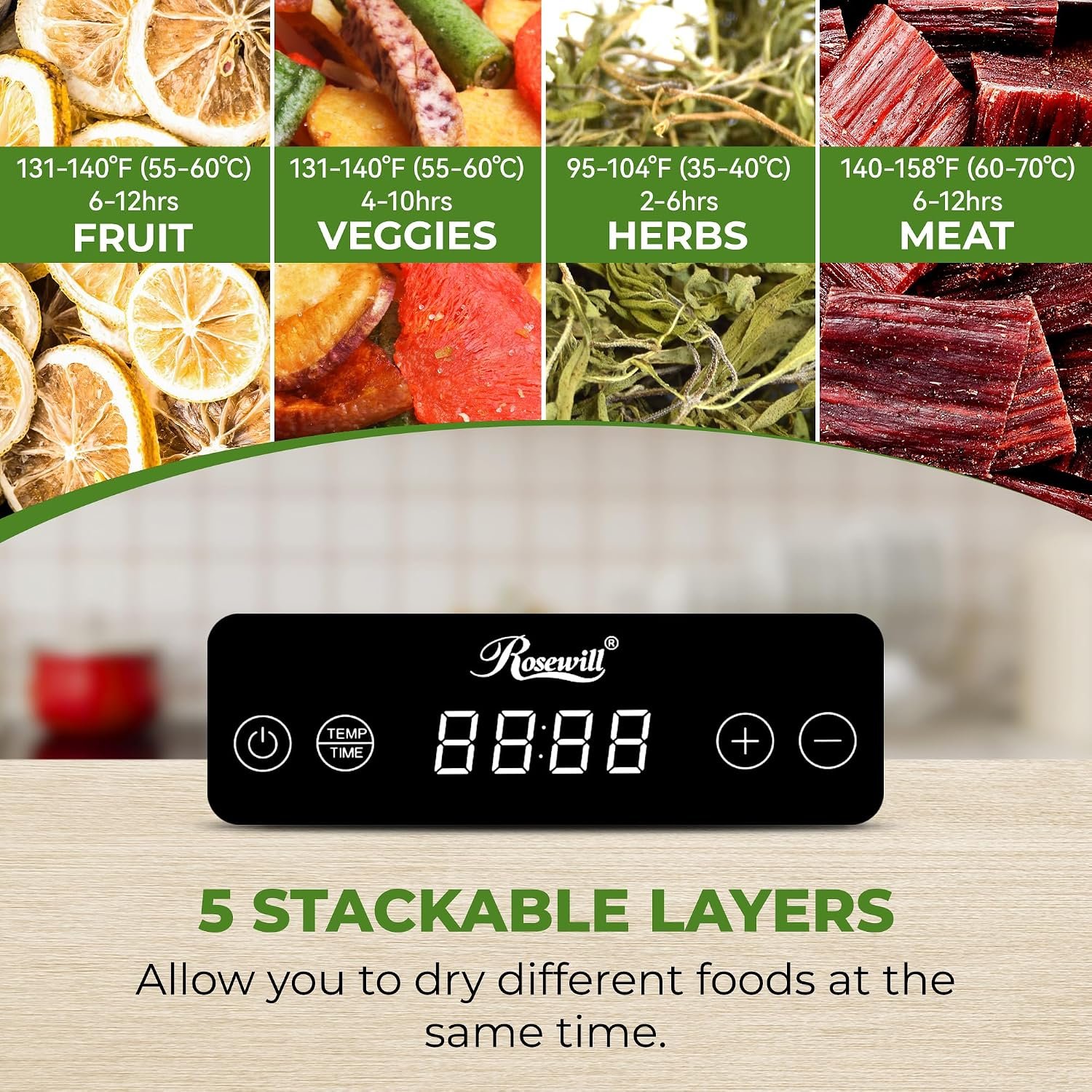 Rosewill Compact Food Dehydrator, 5 Stackable Trays with Adjustable 48H Timer and Temperature Control - 400W Electric Food Dryer for Jerky, Fruits, Herbs, Veggies, Meat & Dog Treats - Image 3