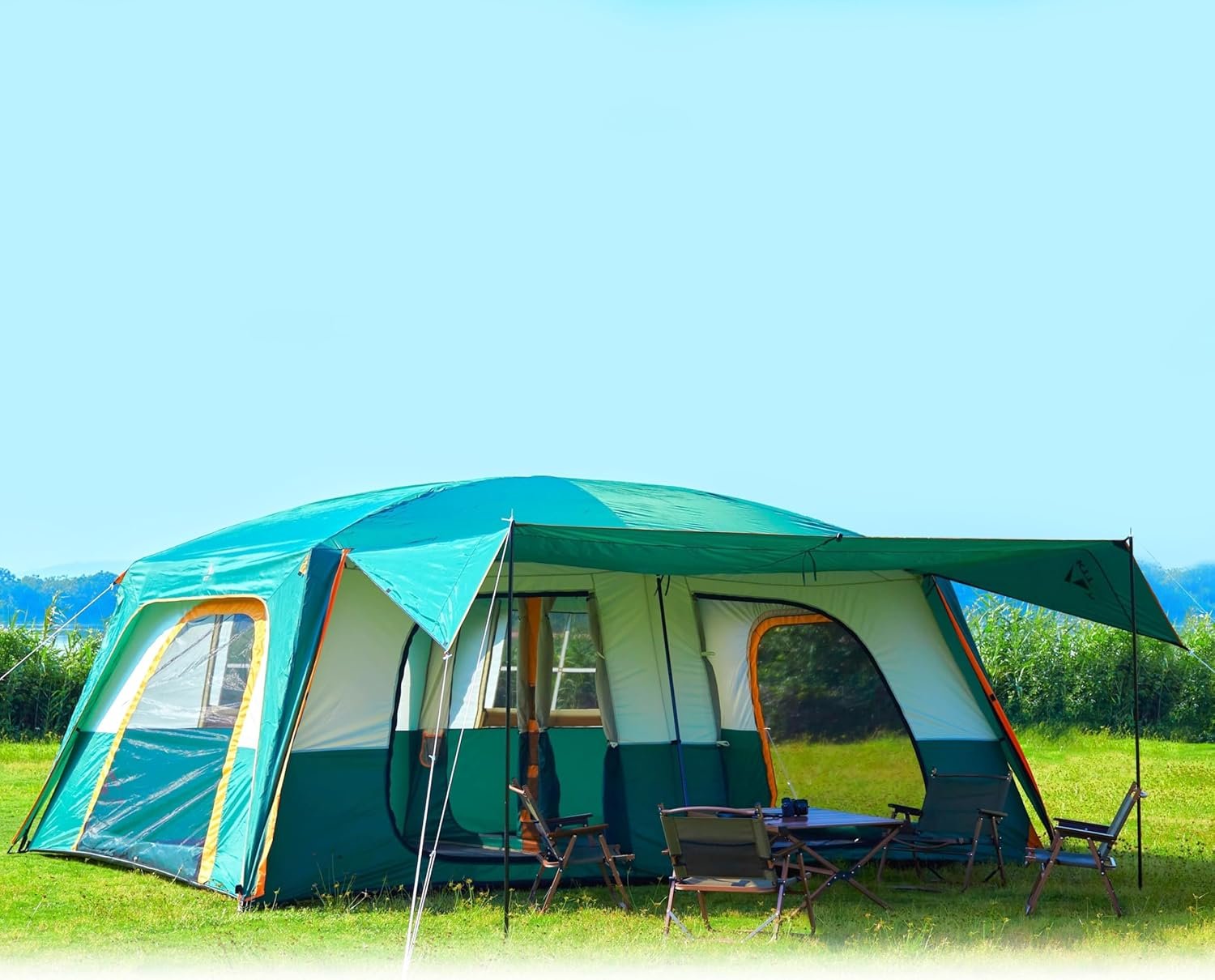 KTT Extra Large Tent 12-14 Person,Family Cabin Tents,2 Rooms,Straight Wall,2 Doors 4 Windows with Mesh,Waterproof,Straight Wall,Big Tent for Outdoor,Picnic,Camping,Gathering(Brown)