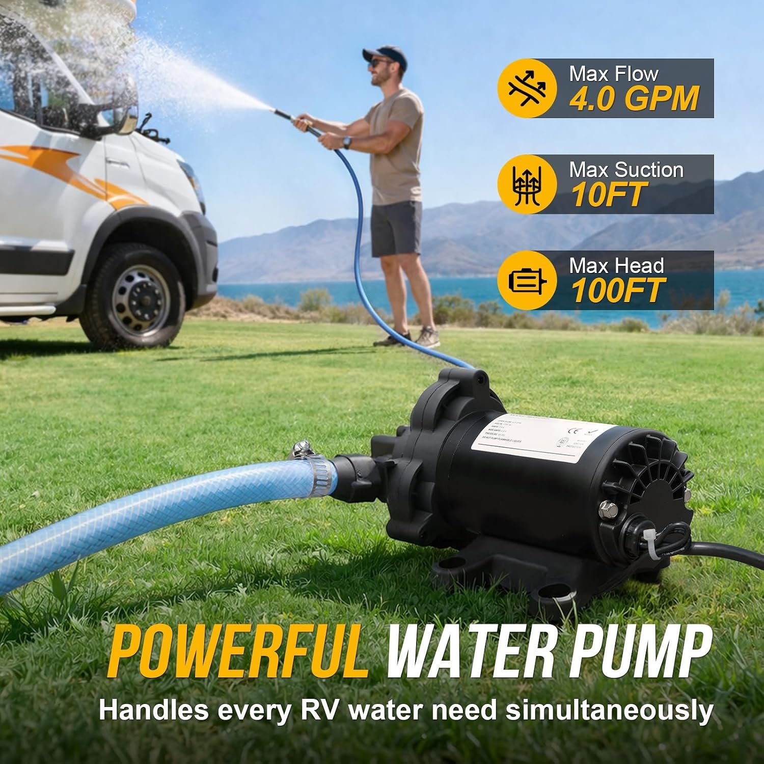 12V RV Water Pump, 5.0 GPM 55 PSI Diaphragm Pump, 20Volt Quiet Fresh Water Pump with Pressure Switch, Self Priming Pressure Pumps for RV Camper Boat Marine Food Truck, Dark Grey - Image 3