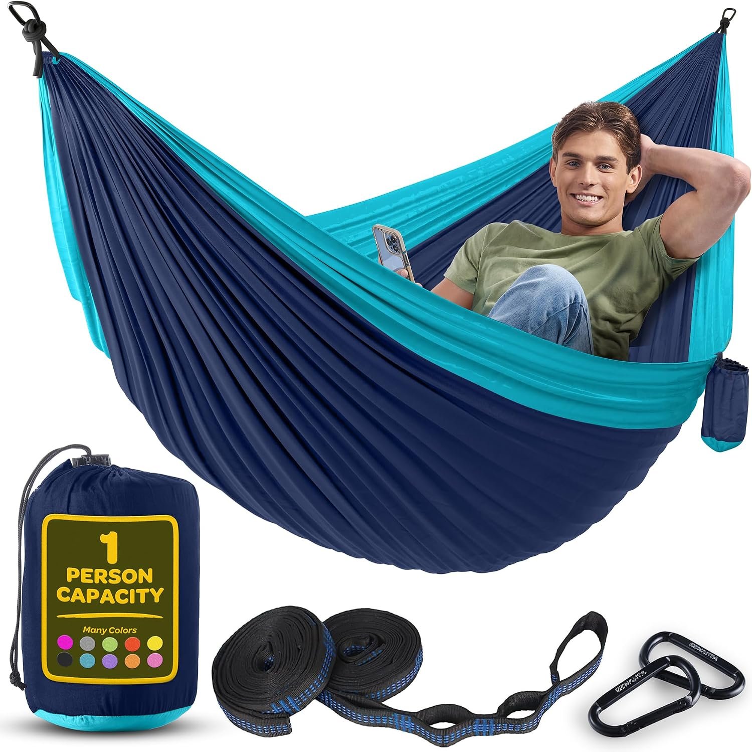 Durable Hammock 400 lb Capacity, Nylon Camping Hammock Chair - Double or Single Sizes w/Tree Straps and Attached Carry Bag - Portable for Travel/Backpacking/Beach/Backyard (Medium, Blue & Light Blue) - Image 9