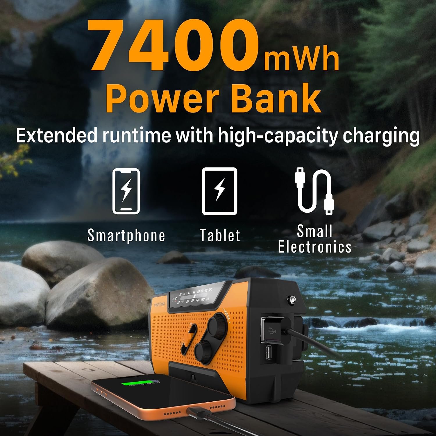 FosPower NOAA Emergency Weather Radio A1 7400mWh Solar Hand Crank (Orange) - Image 3