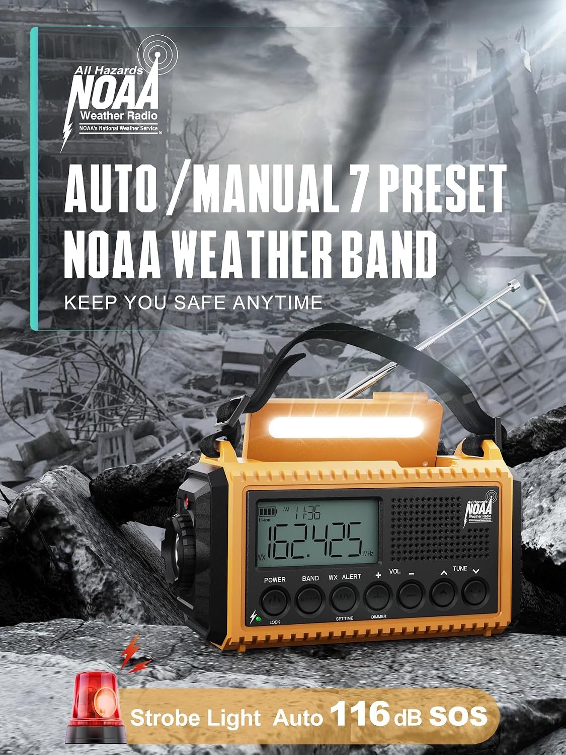 Emergency Radio Hand Crank NOAA Weather Alert/AM/FM/SW, 5000mAh Rechargeable Battery Powered Solar, Portable with 2-Mode LED Flashlight, SOS Alarm - Image 2