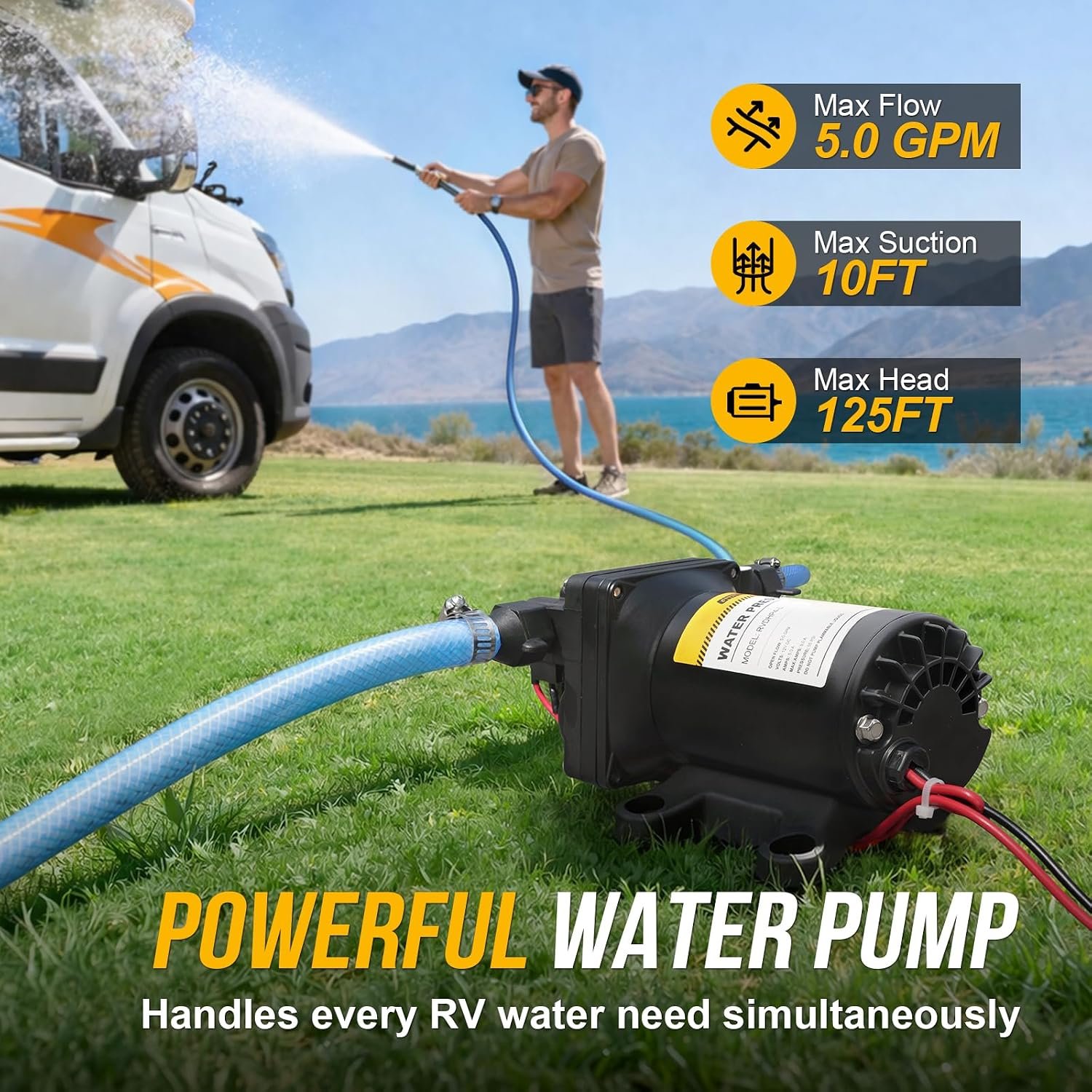 12V RV Water Pump, 5.0 GPM 55 PSI Diaphragm Pump, 12Volt Quiet Fresh Water Pump with Pressure Switch, Self Priming Pressure Pumps for RV Camper Boat Marine Food Truck - Image 5