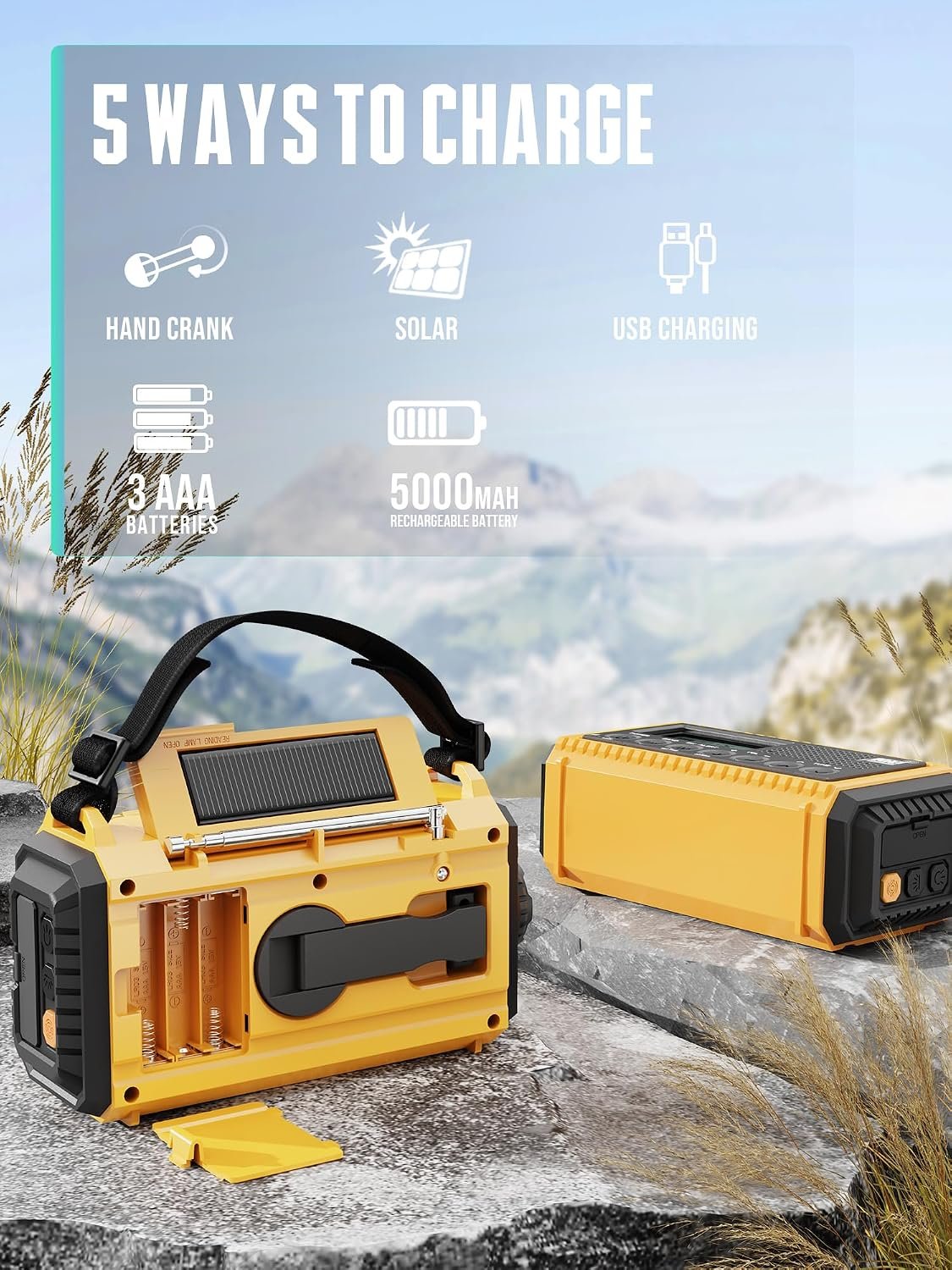 Emergency Radio Hand Crank NOAA Weather Alert/AM/FM/SW, 5000mAh Rechargeable Battery Powered Solar, Portable with 2-Mode LED Flashlight, SOS Alarm - Image 4