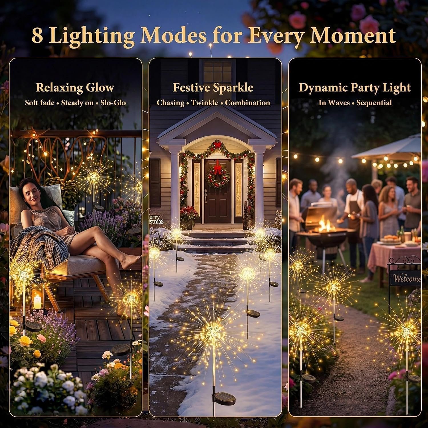 Solar Garden Lights Outdoor 4 Pack, 120LED Solar Starburst Twinkle Firework Lights with 8 Modes,Waterproof Decorative Fairy Light for Yard, Garden, Halloween & Christmas Landscape Decor - Image 3