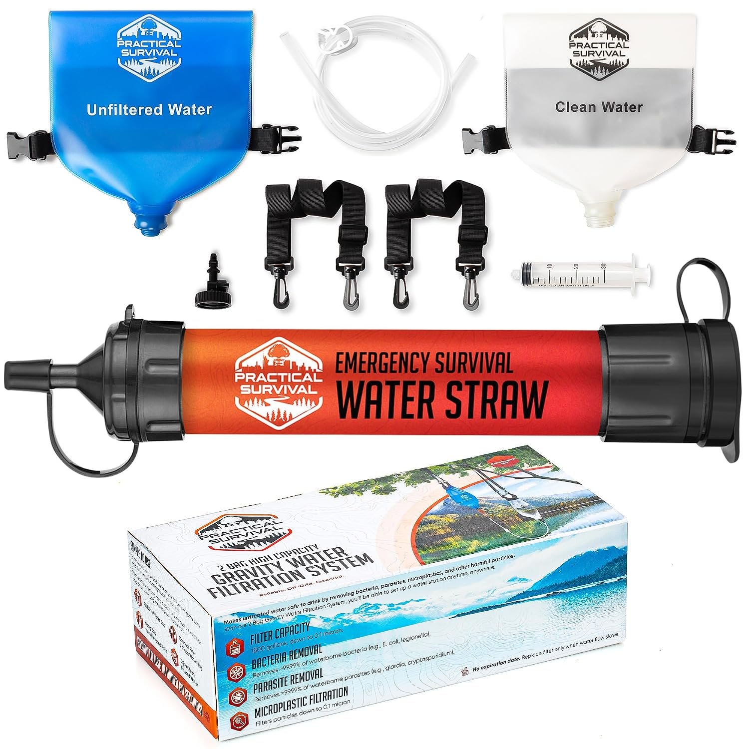 Gravity Water Filtration System – 2 High Capacity Lightweight Hanging Bags for Backpacking, Camping, Survival, Hiking, Hunting - Dirty, Clean Water Bags, Water Filter and Cleaning Plunger Included - Image 7