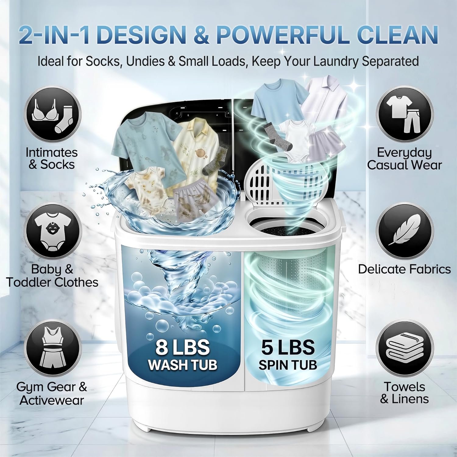 SUPER DEAL Compact Mini Twin Tub Washing Machine 13lbs Capacity Portable Washer Wash and Spin Cycle Combo, Built-in Gravity Drain for Camping, Apartments, Dorms, College, RV’s and Small Spaces - Image 4