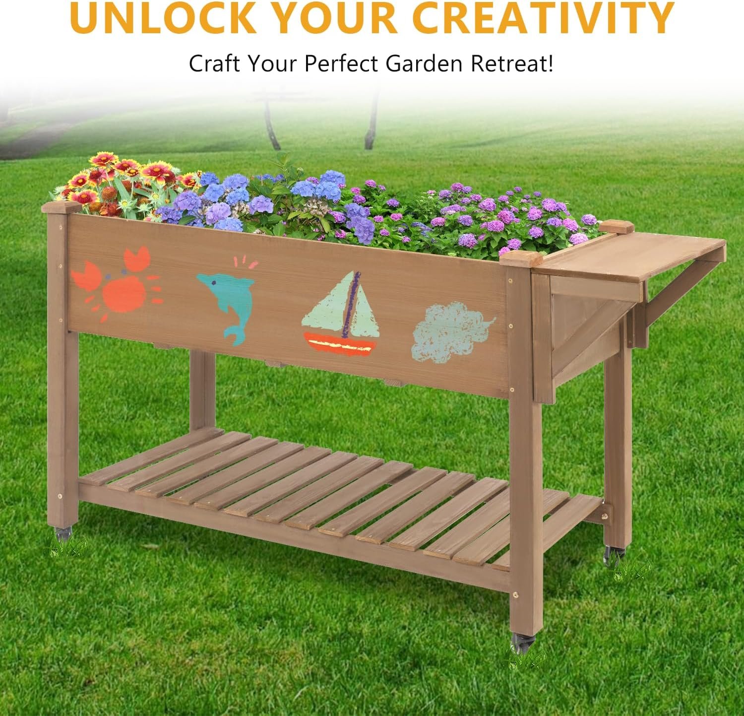 ketive Raised Garden Bed with Lockable Wheels Mobile Elevated Wood Planter,Storage Shelf, Protective Liner,55.5x24x32in (Brown) - Image 8
