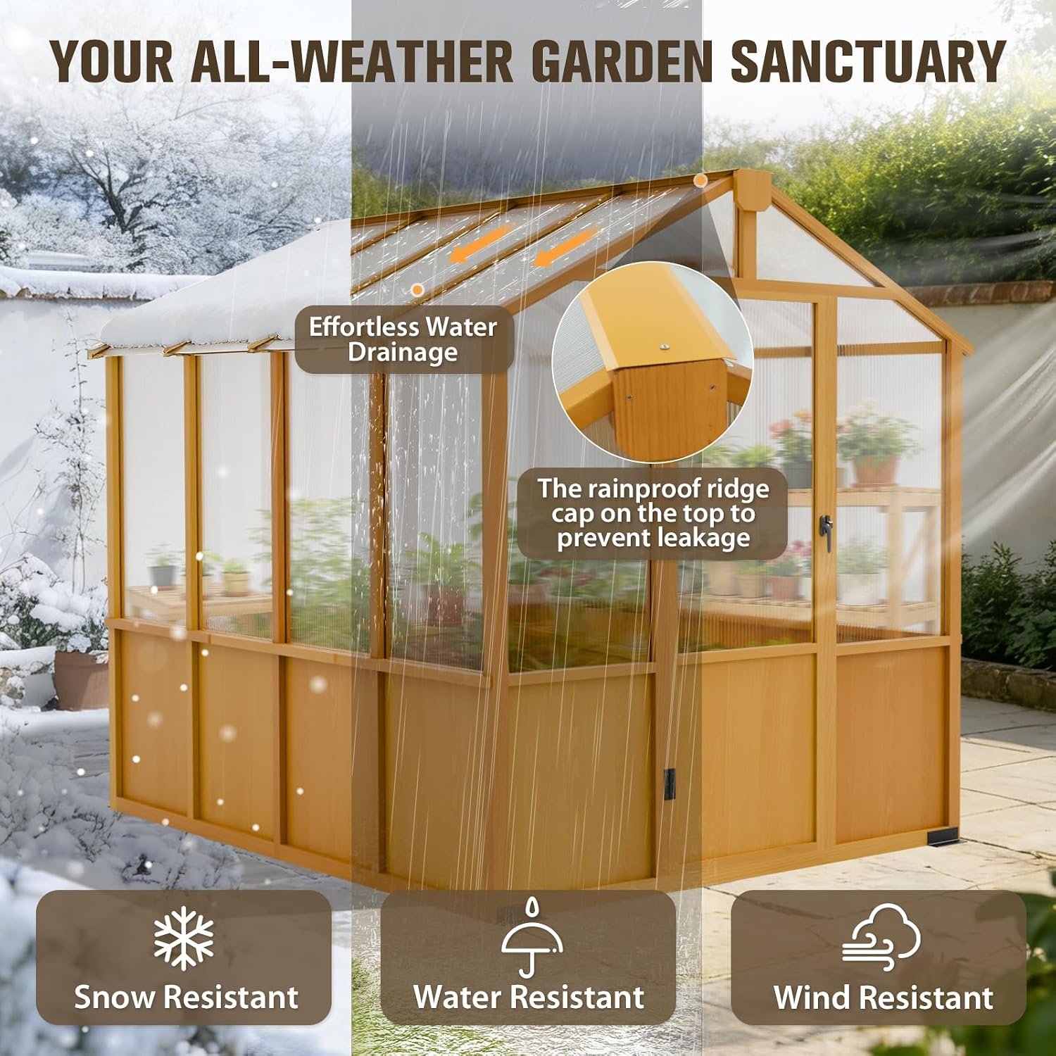 COOS BAY 6x8ft Cedar Wood Greenhouse with Roof Vents, Outdoor Greenhouse Kit, Weather Resistant Plant Garden House, Natural Cedar - Image 7